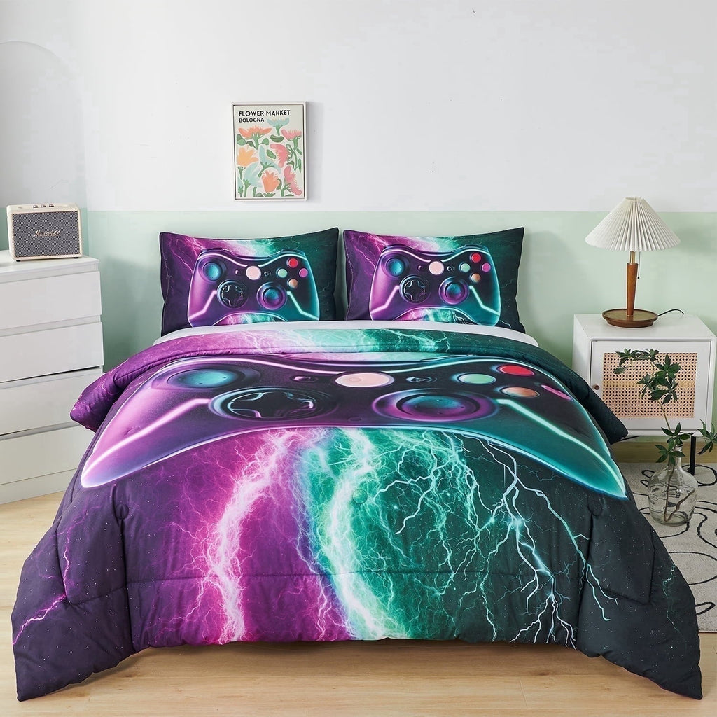 Heavyweight Warmth Queen Size Gaming Comforter Set for Boys,3-Piece 3D Green Purple Lightning Game Controller Bedding Set for Kids Teens - All-Season Down Alternative Comforter Insert Detail