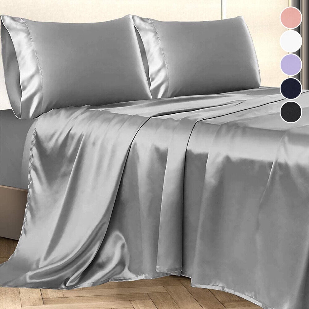 Cooling Sateen Twin Silk Gray Bed Sheet Set Deep Pocket Bed Flat Fitted Sheet, 3-Pieces - Cooling Hotel Quality Bedding Sheets and Pillowcases Detail