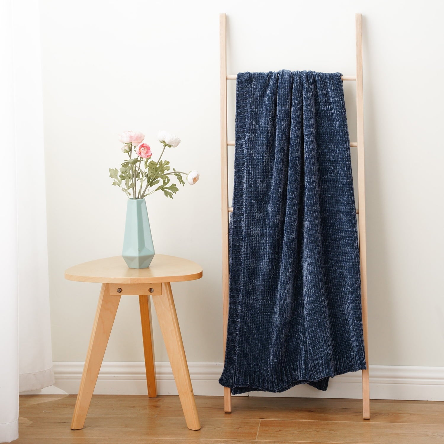 Decorative Knitted Navy Blue Chenille Throw for Couch Bed,Soft Navy Knit Blanket, Housewarming Gifts, 51"x 67" - Luxury Knitted Decorative Throw Blanket with Fringes Detail