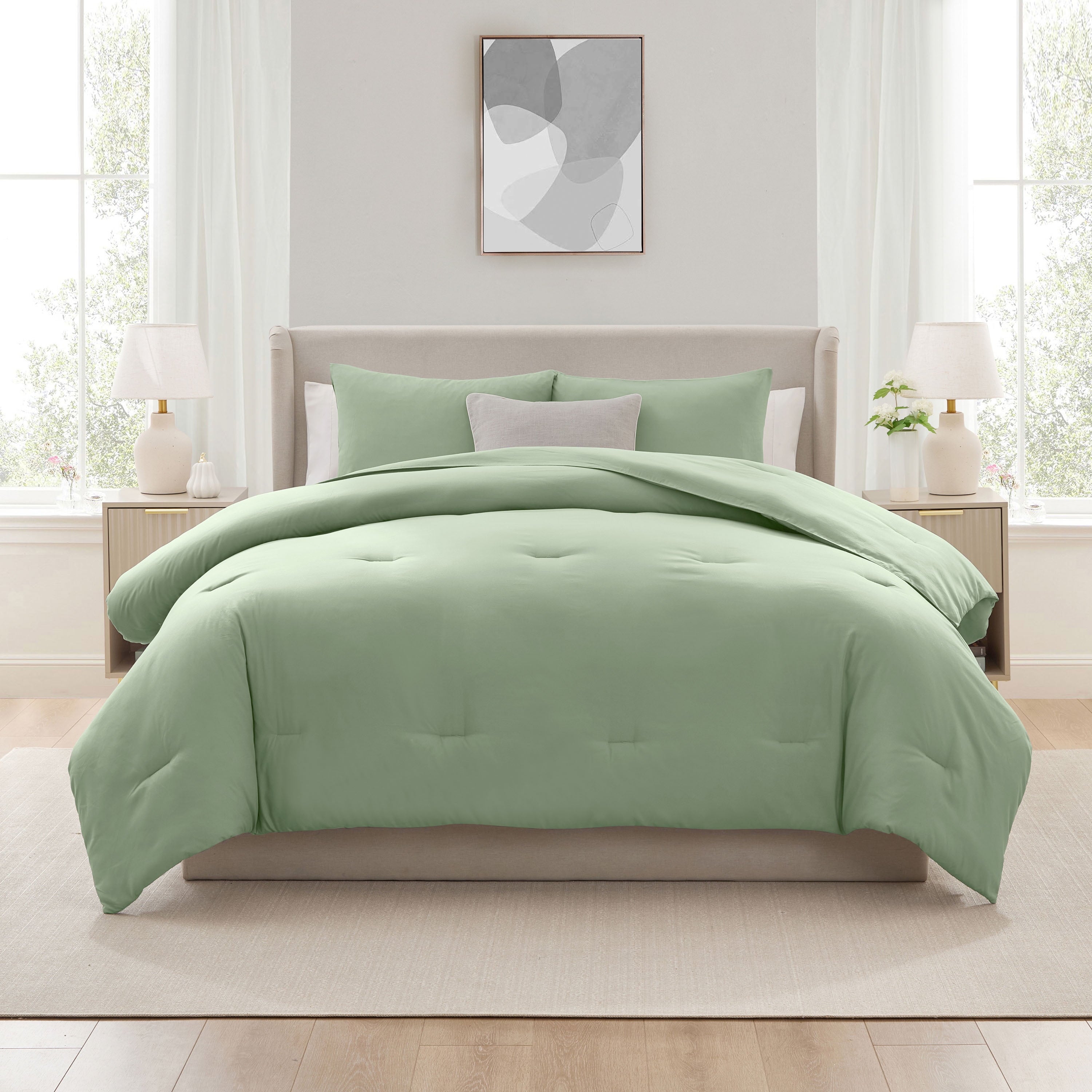 Heavyweight Warmth Comforter Sets, All Season Lightweight Solid Queen Comforter Set, 3-Pc Bedding Sets, Sage Green - All-Season Down Alternative Comforter Insert Detail