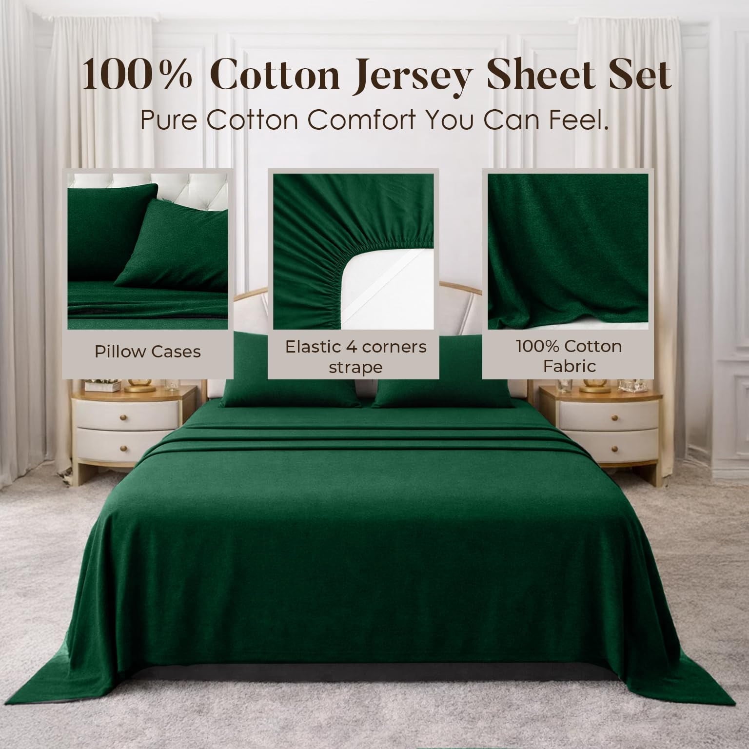 Premium Egyptian Cotton Bed Sheet Set Twin 3 Piece Hunter Green Breathable Soft Cotton Jersey Sheets with Deep Pockets, Unisex - Premium Ultra-Soft Pillowcase Pair for Sleeping Detail