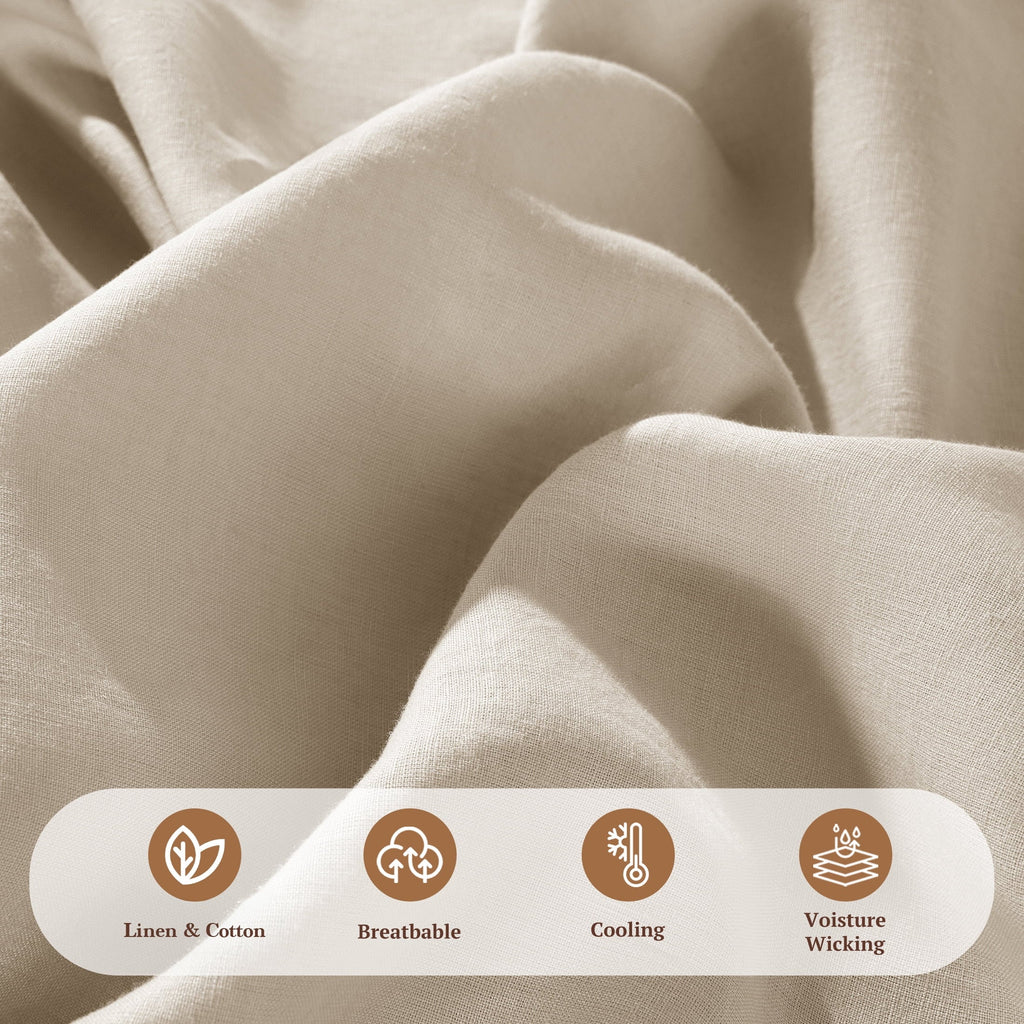 Breathable Luxury Natural Linen Cotton Bed Sheets Set, Deep Pocket - Breathable - Durable - 4 Pieces (Linen, Queen) - Cooling Hotel Quality Bedding Sheets and Pillowcases Detail