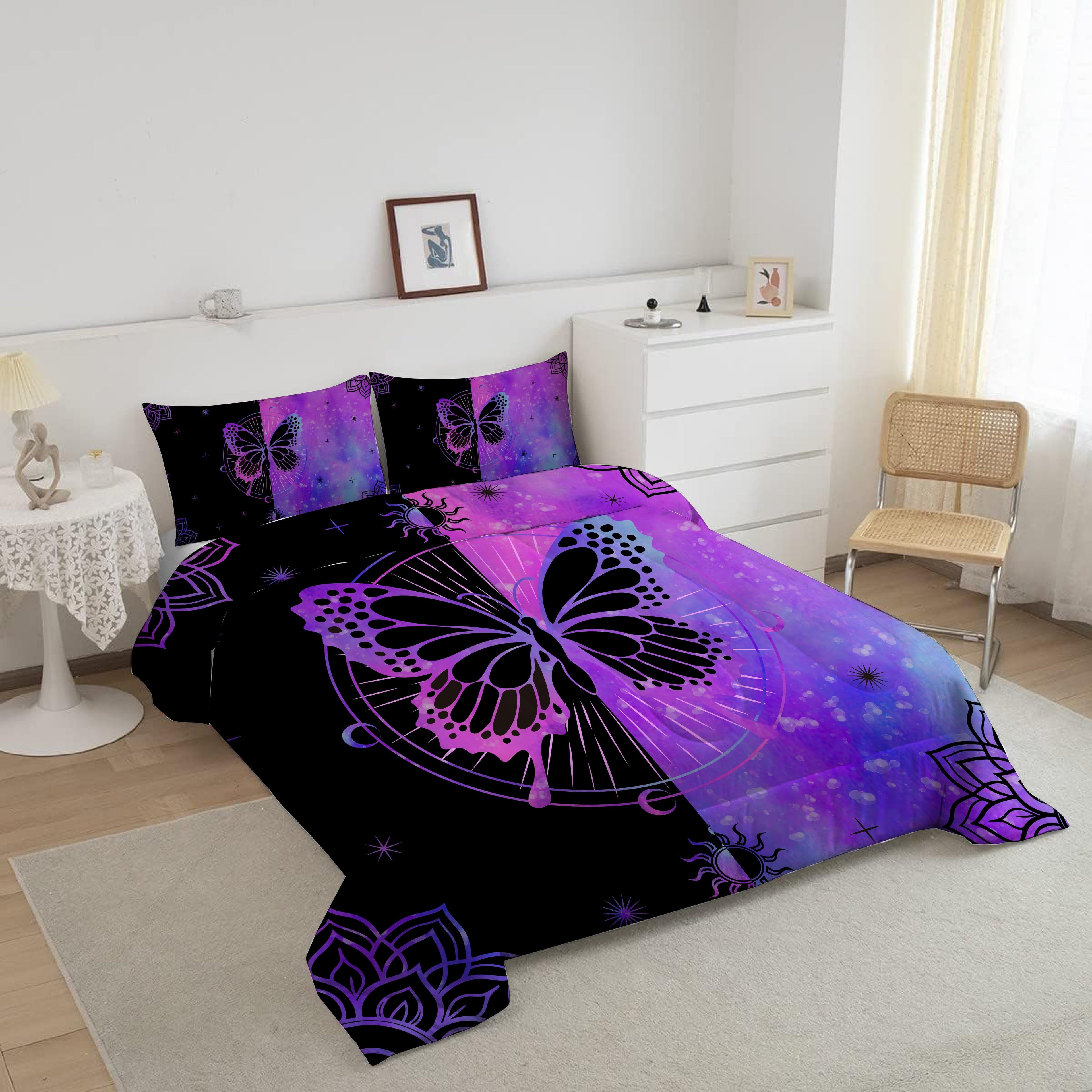 Luxurious Quilted Butterfly Comforter Set Full Size for Girls Kids Teens Black Blue Purple Tie Dye Bedding Set 3 Pieces - Luxurious Quilted Duvet Cover Set Detail