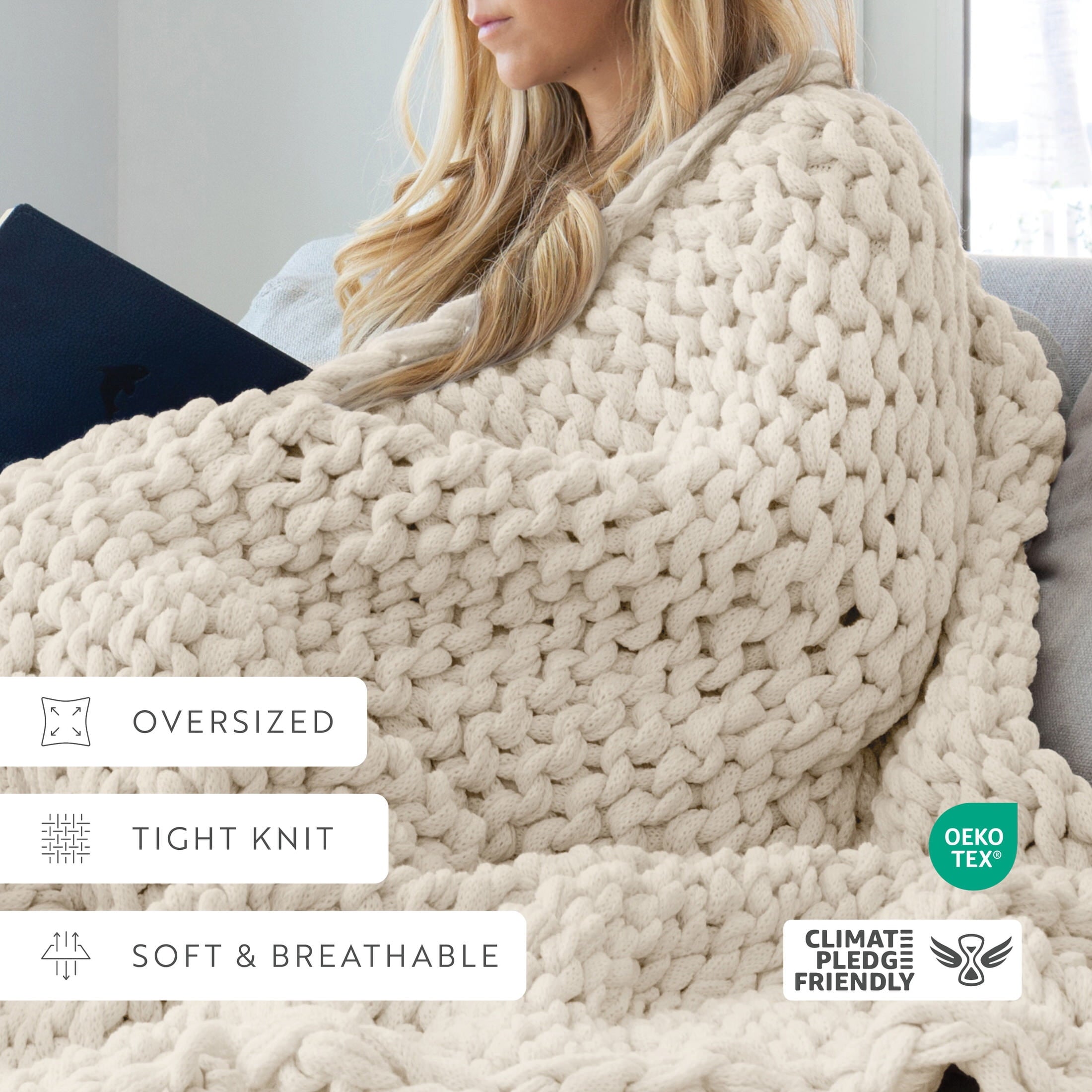 Reversible Sherpa Soft & Cozy Chunky Hand-Knit Throw Blanket, Ivory - Luxury Knitted Decorative Throw Blanket with Fringes Detail