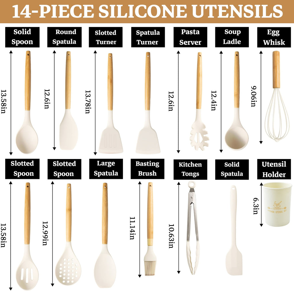 Ergonomic Cooking 14-Piece Silicone Cooking Utensils Set, Non-Stick Kitchen Utensil Set for Baking, Flipping, Mixing, White - Ergonomic Kitchen Tongs and Cooking Spoon Utensil Detail