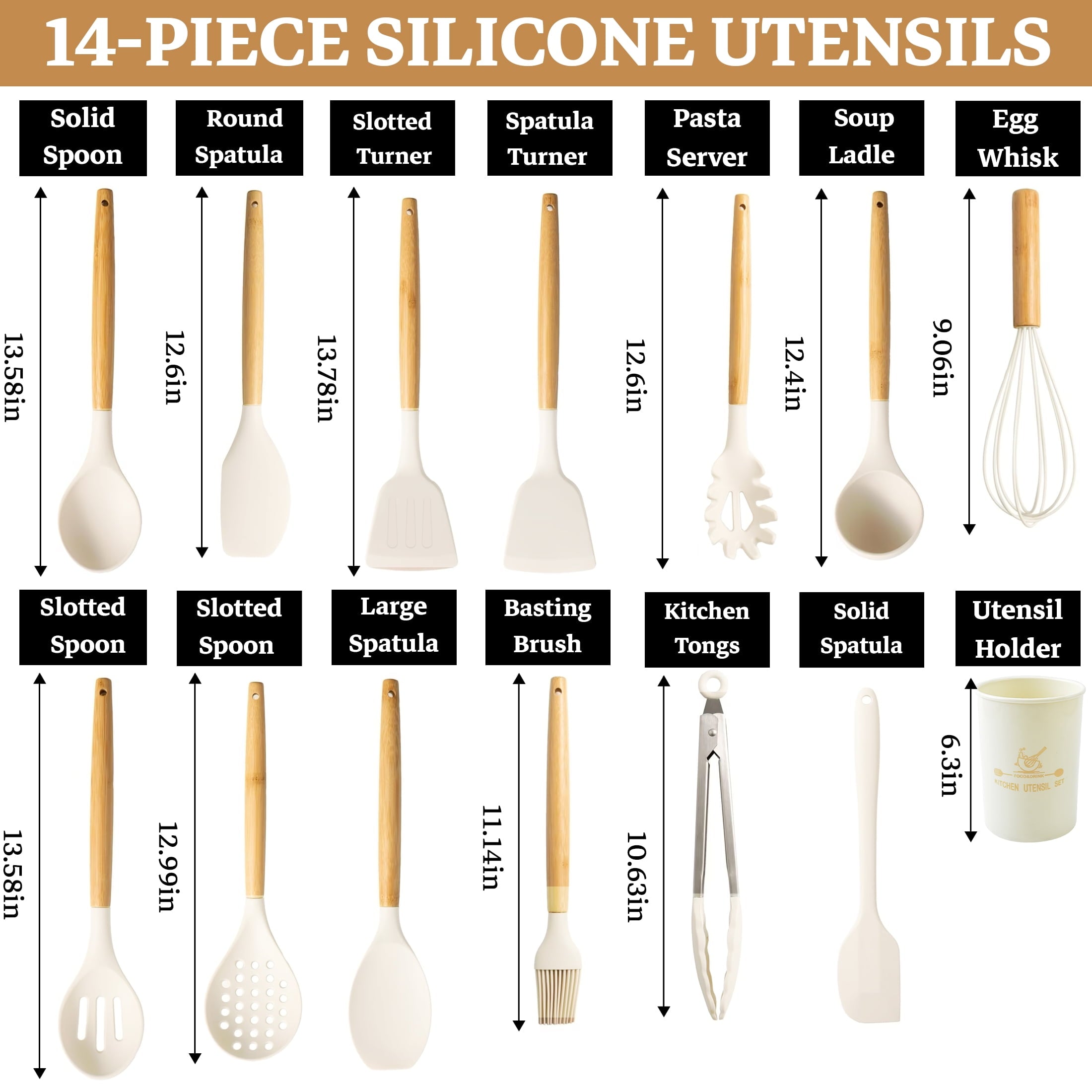 Ergonomic Cooking 14-Piece Silicone Cooking Utensils Set, Non-Stick Kitchen Utensil Set for Baking, Flipping, Mixing, White - Ergonomic Kitchen Tongs and Cooking Spoon Utensil Detail