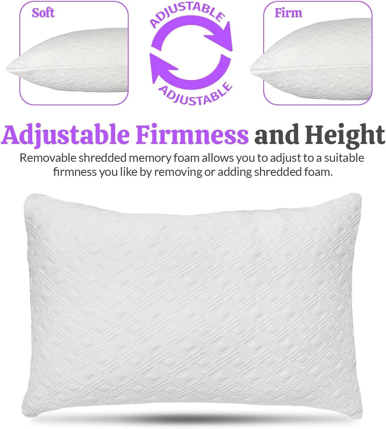 Fluffy Shredded King Size Bamboo Pillow, Memory Foam Bed Pillows with Washable Pillowcases, King - Orthopedic Shredded Foam Bed Pillow Set Detail