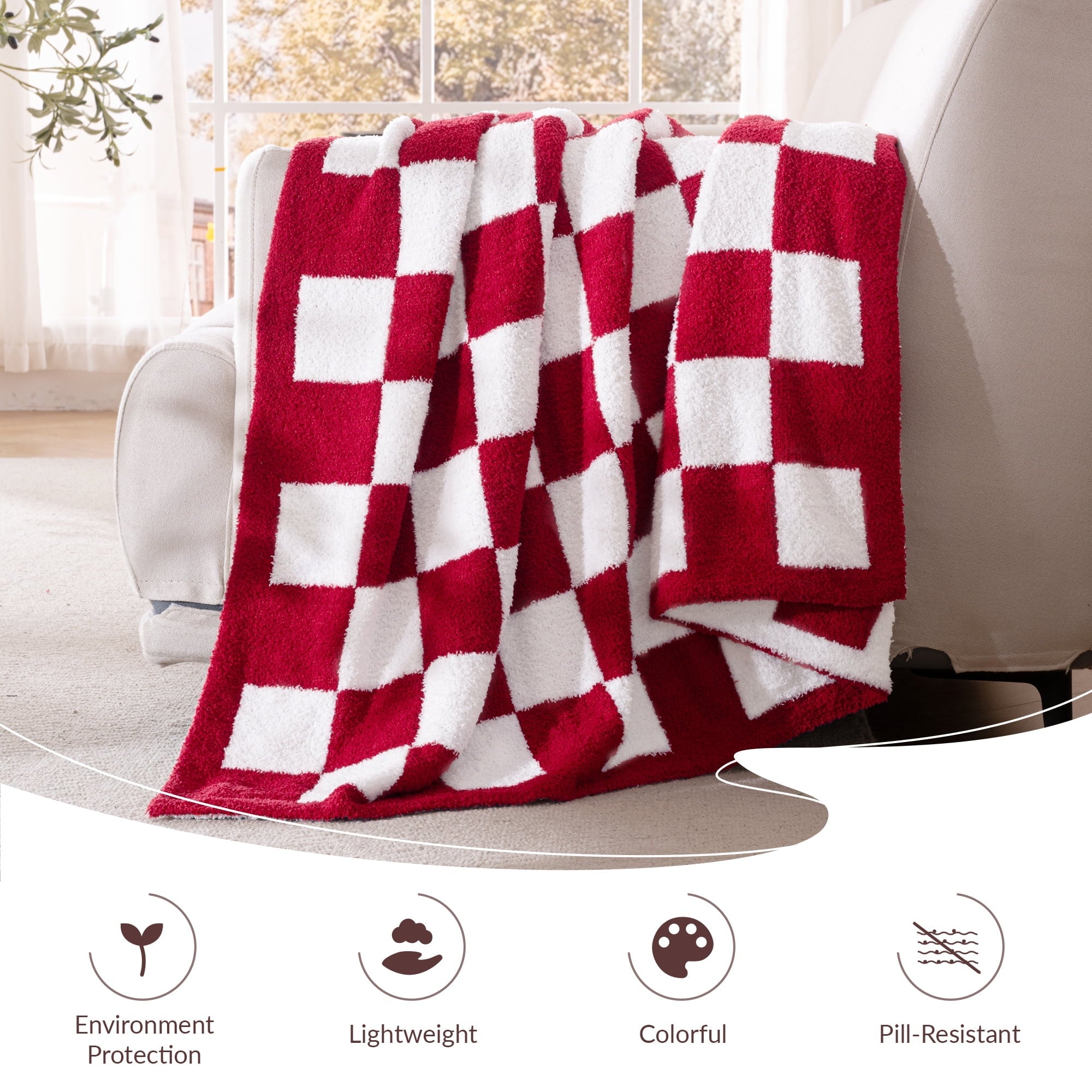 Lightweight Warm Checkered Knit Throw Blanket, Ultra Soft Cozy Fluffy Checkerboard Blankets, Lightweight Fuzzy Plush Throw for Couch a... - Lightweight Plush Warm Blanket for All Seasons Detail