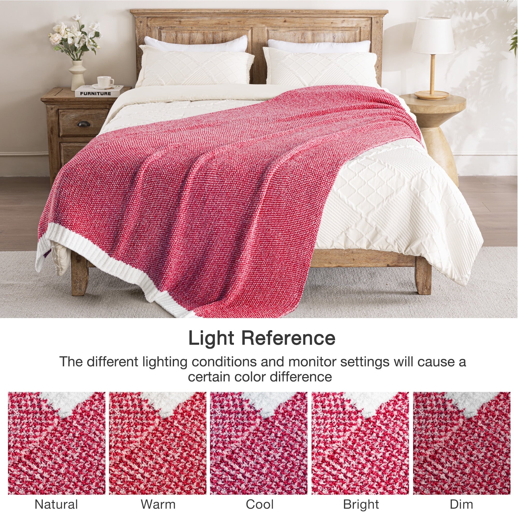 Cozy Fleece Knit Throw Blanket, Ultra Soft Cozy Fluffy Blankets, Lightweight Fuzzy Plush Throw for Couch and Bed, Mixed Red, 50"x60" - Luxury Knitted Decorative Throw Blanket with Fringes Detail