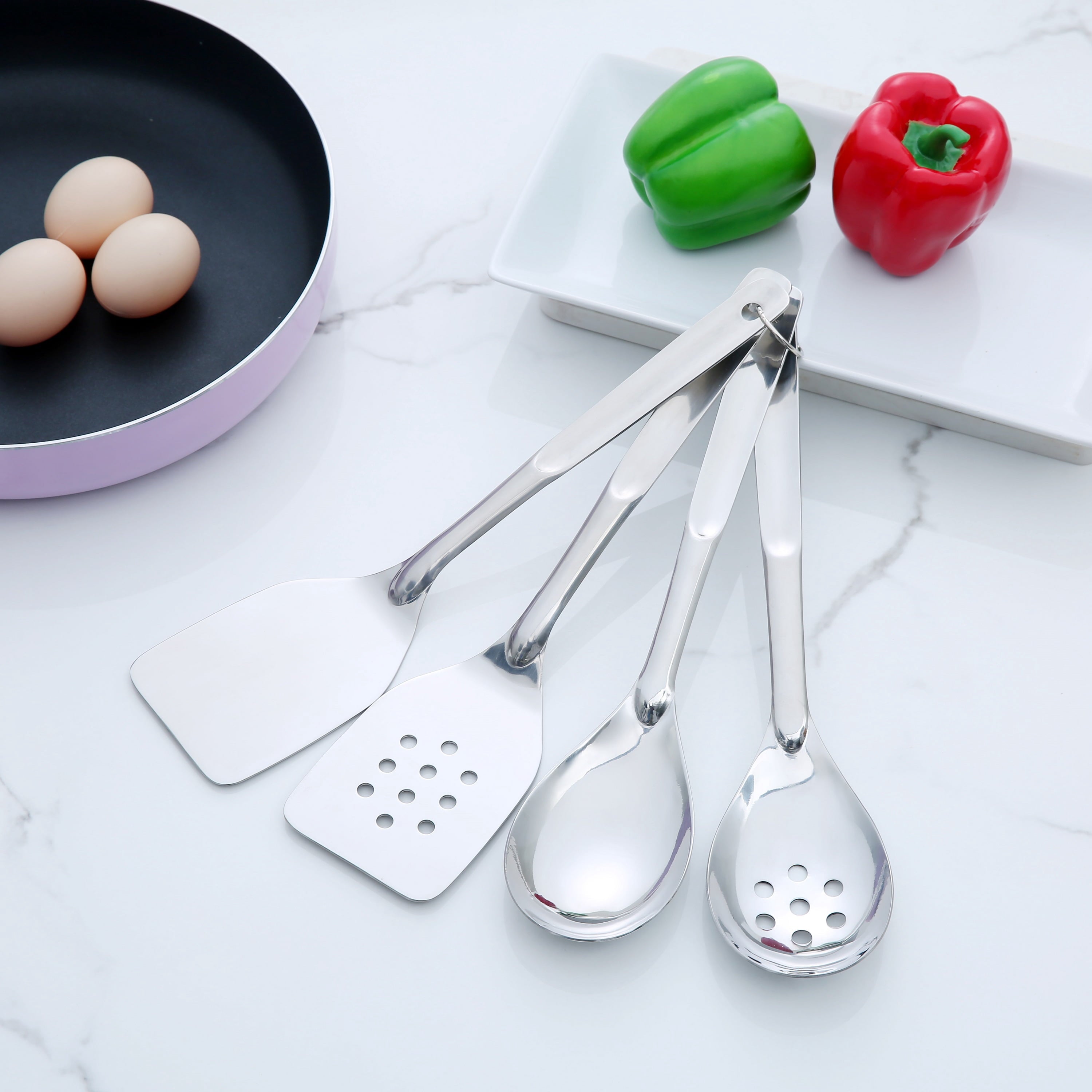 Professional Grade Stainless Steel 4-Piece Utensil Set: Includes Spatula, Slotted Spatula, Spoon, and Slotted Spoon - High-Precision Culinary Tool for Baking & Cooking Detail
