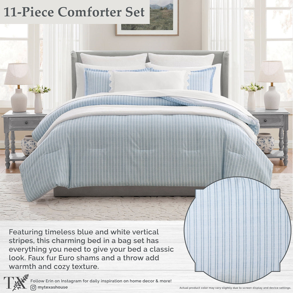 Hypoallergenic Cloud Stripe 11-Piece Comforter Set with Sheets, Blue, Queen - All-Season Down Alternative Comforter Insert Detail