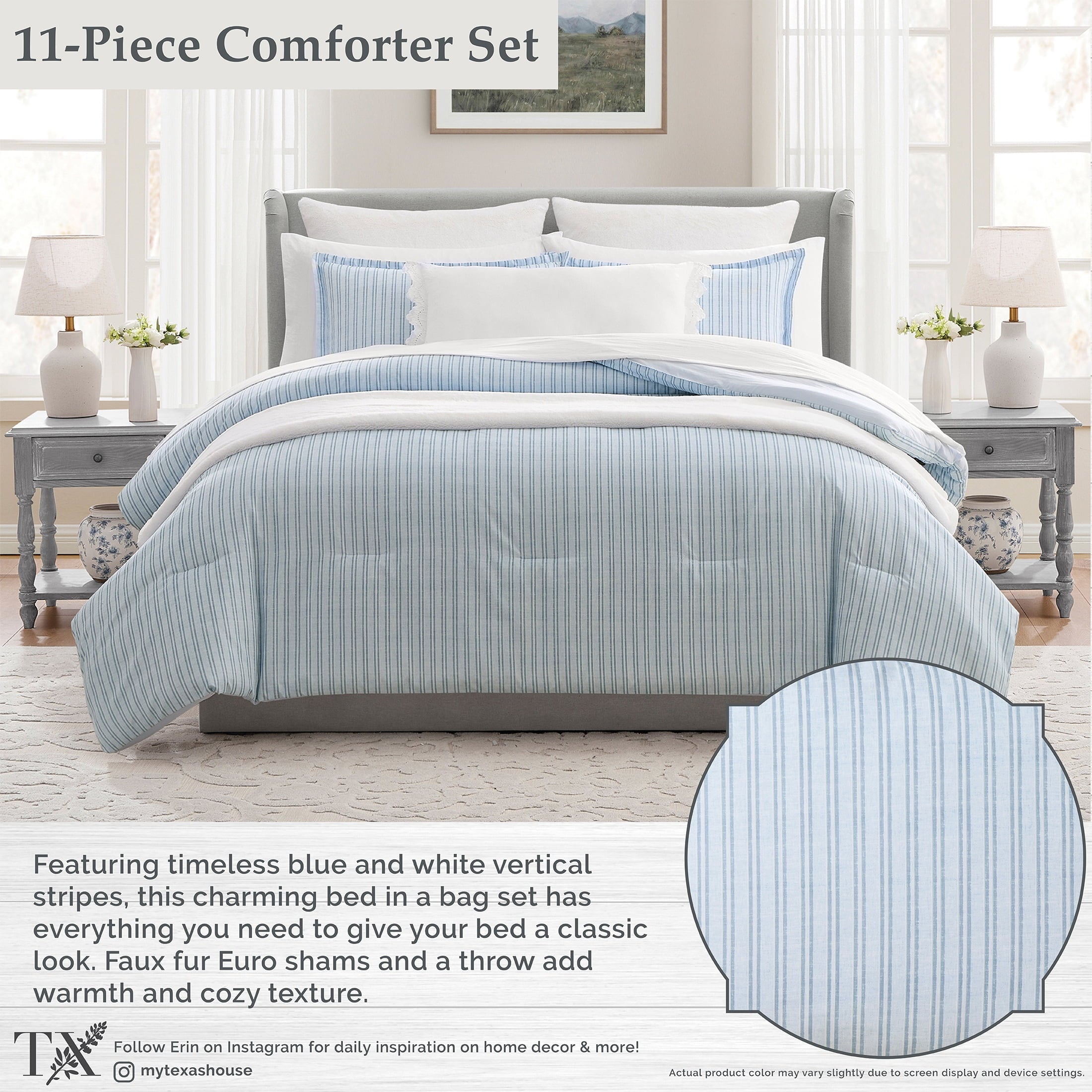Hypoallergenic Cloud Stripe 11-Piece Comforter Set with Sheets, Blue, Queen - All-Season Down Alternative Comforter Insert Detail