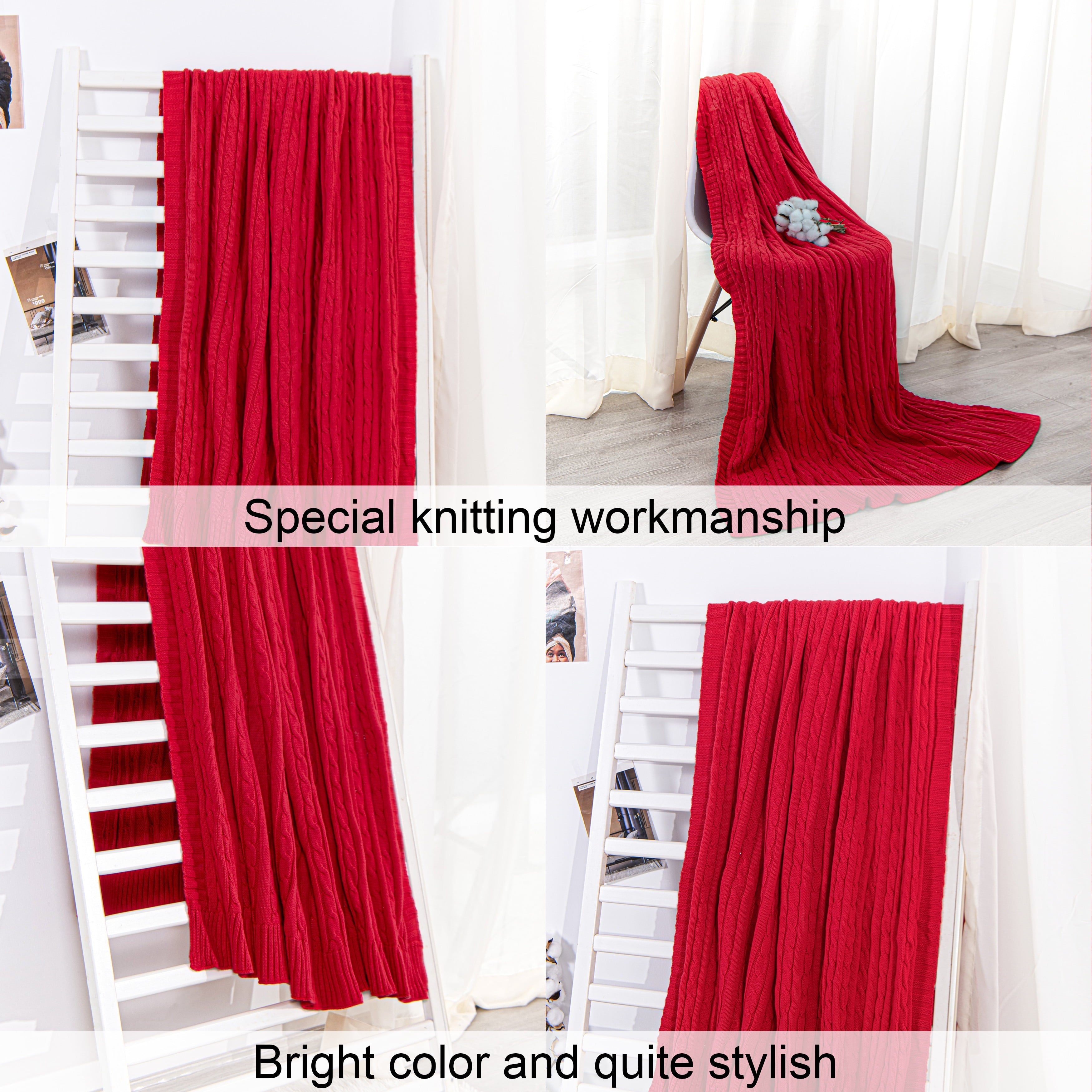Decorative Knitted 100% Cotton Cable Knit Throw, Super Soft Warm Knitted Blanket Home Decor, 51"x67", Red - Luxury Knitted Decorative Throw Blanket with Fringes Detail