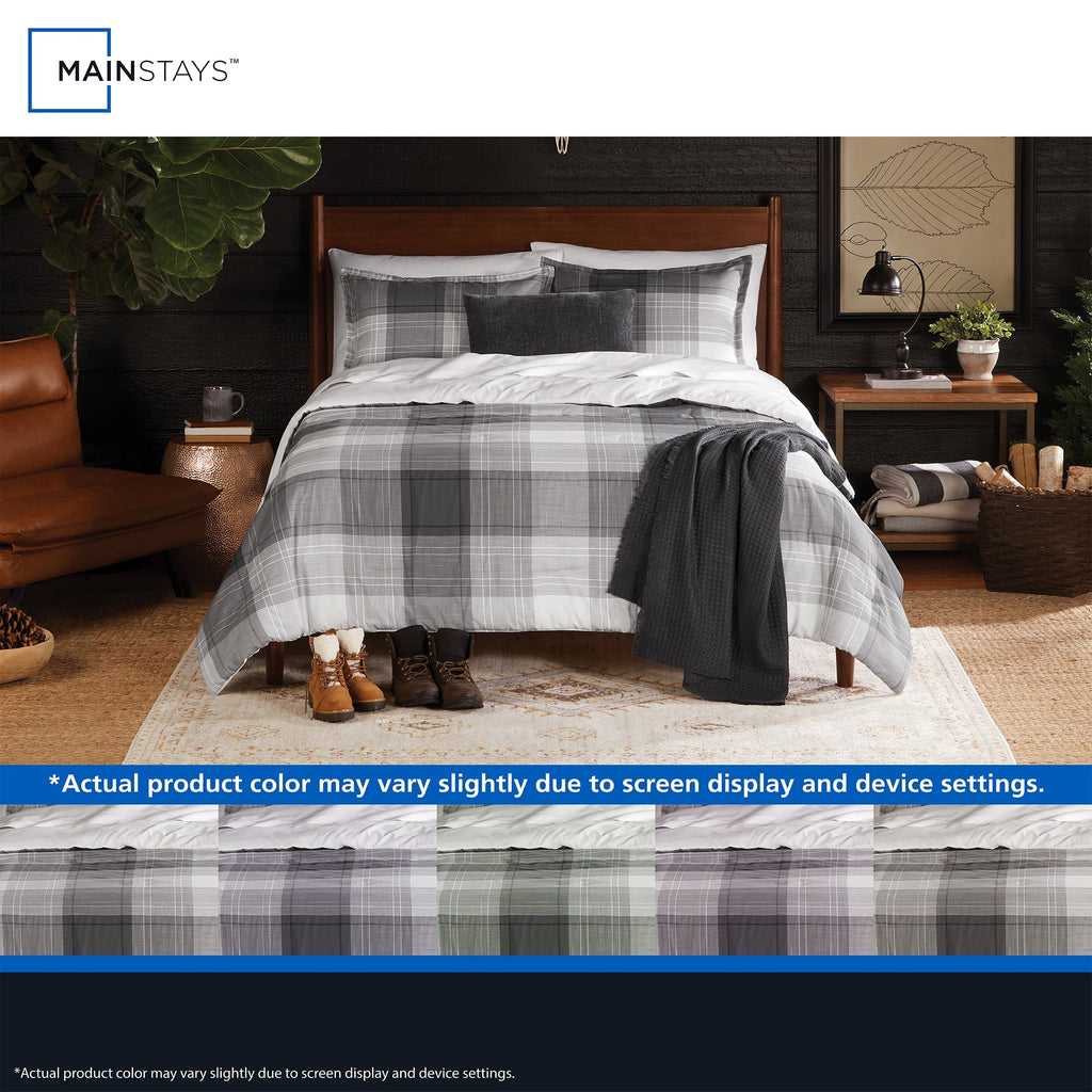 All-Season Full/Queen Comforter Set, All-Season, 5-Piece, Grey Plaid - Luxurious Quilted Duvet Cover Set Detail