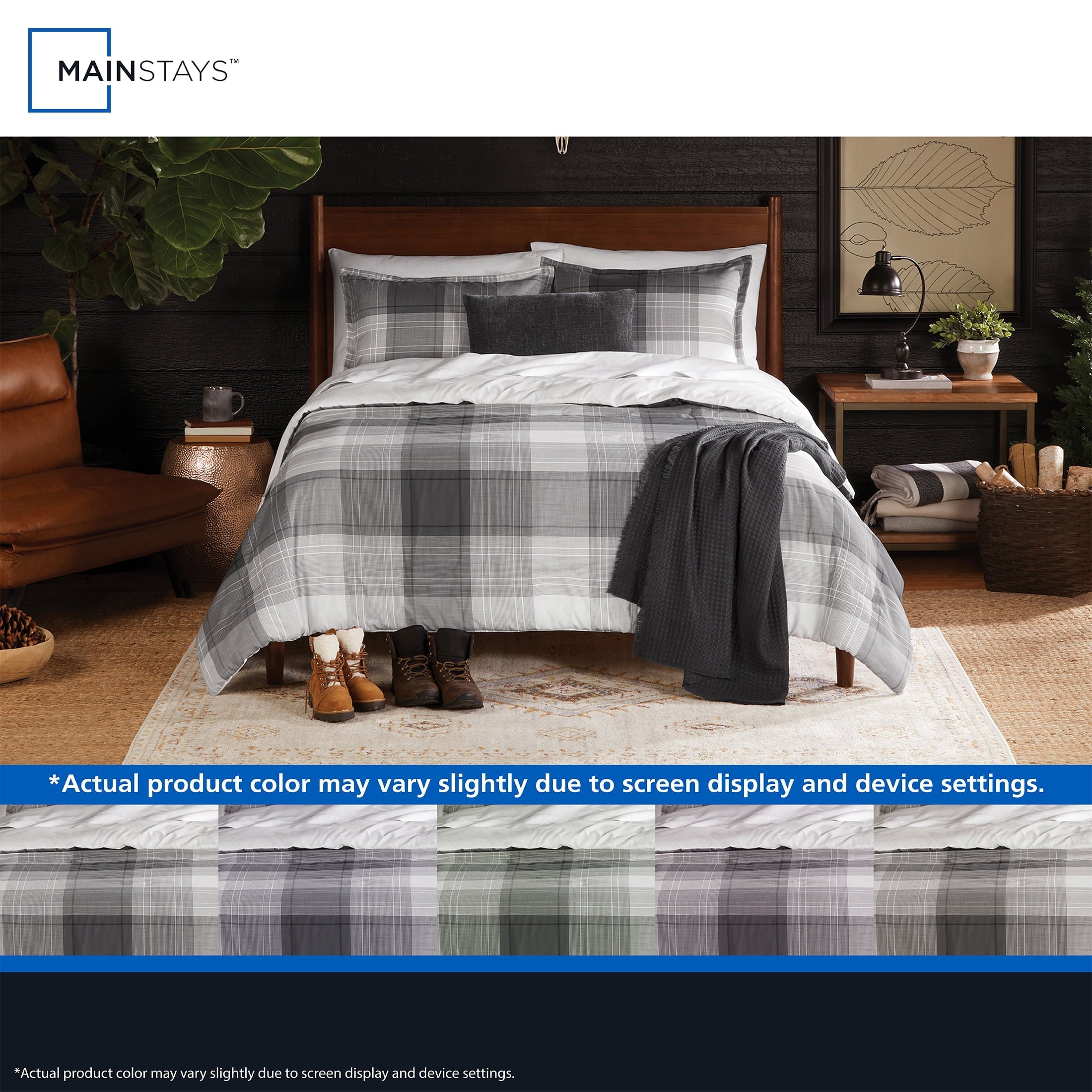 All-Season Full/Queen Comforter Set, All-Season, 5-Piece, Grey Plaid - Luxurious Quilted Duvet Cover Set Detail