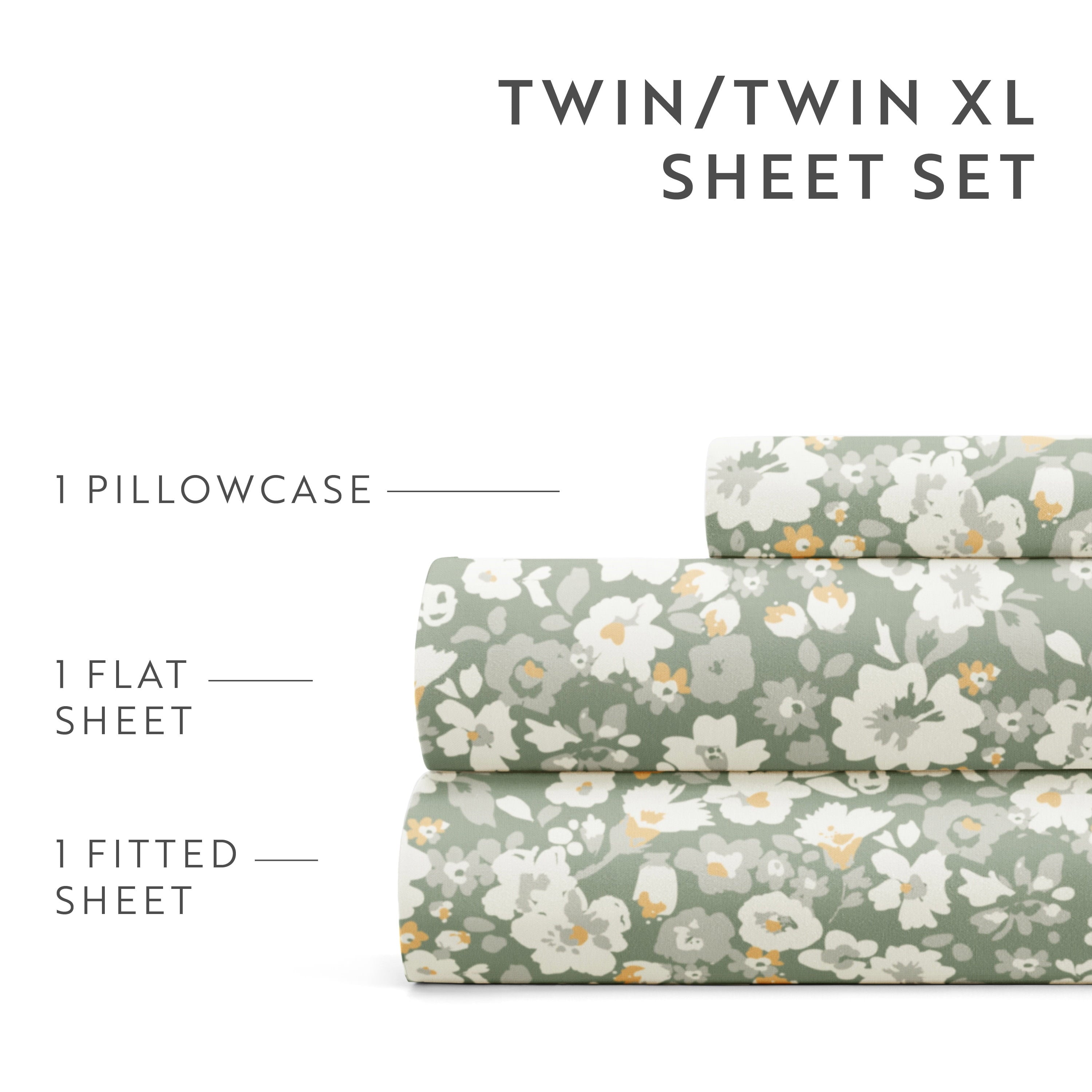 Wrinkle-Resistant 4 Piece Pattern Microfiber Bed Sheets Set, Floral Dream Eucalyptus, Twin - Cooling Hotel Quality Bedding Sheets and Pillowcases Detail
