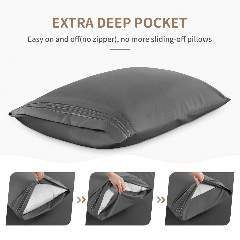 Cooling Sateen 6 Pieces Bed Sheet Set, 1800 Series Soft Microfiber Queen Sheets with 16" Deep Pocket, Dark Gray - Premium Ultra-Soft Pillowcase Pair for Sleeping Detail