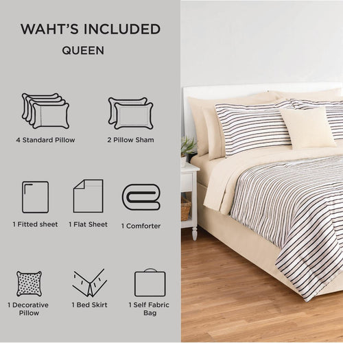 All-Season Soft Touch Bed in a Bag 11-Piece Reversible Tan & Black Striped Comforter Set with Sheets, Queen - Cloud-Like Soft Lightweight Bed Comforter Detail