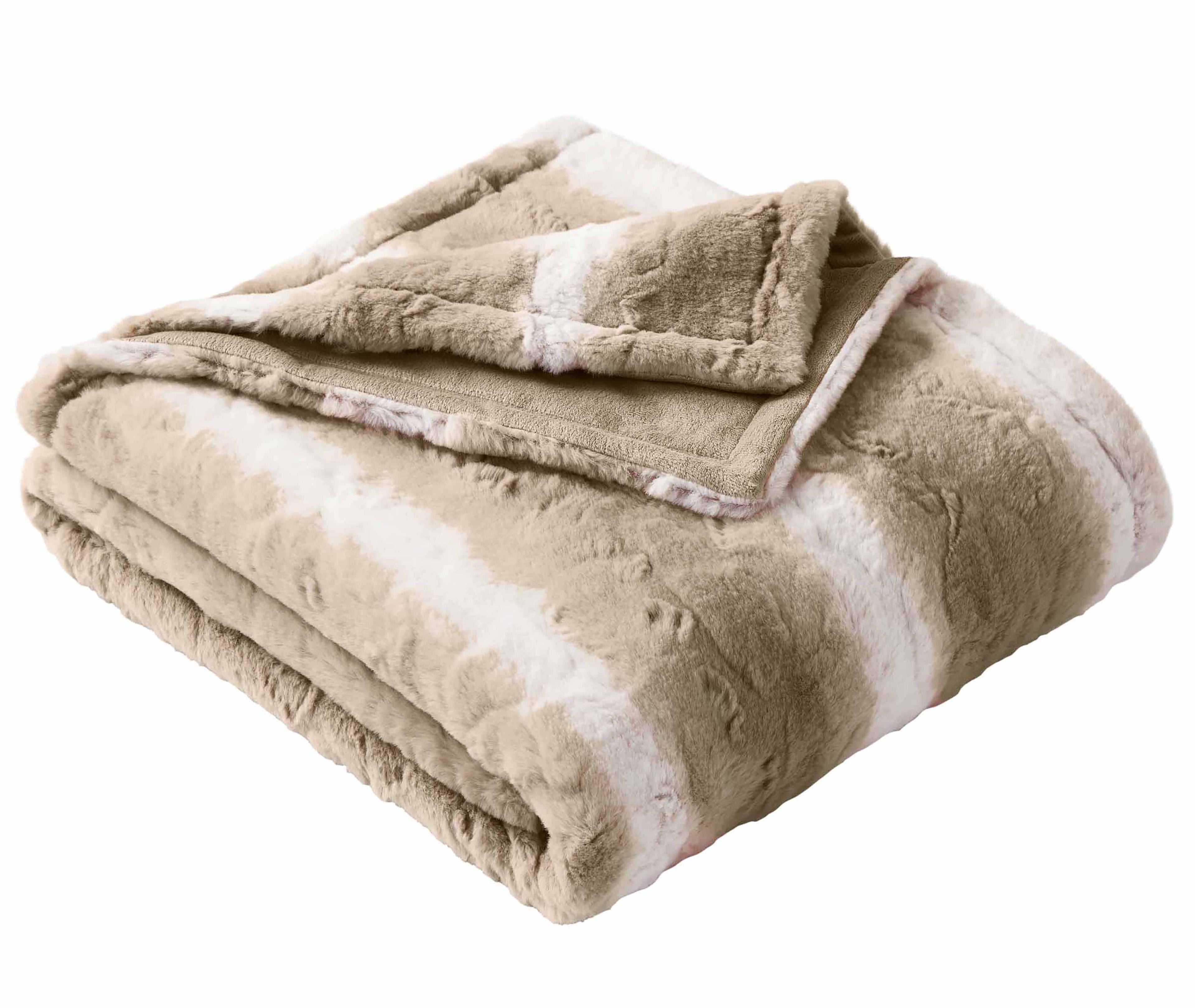 Reversible Sherpa Almond Biscuit Ombre Faux Fur Throw, 50"x72" - Luxury Knitted Decorative Throw Blanket with Fringes Detail