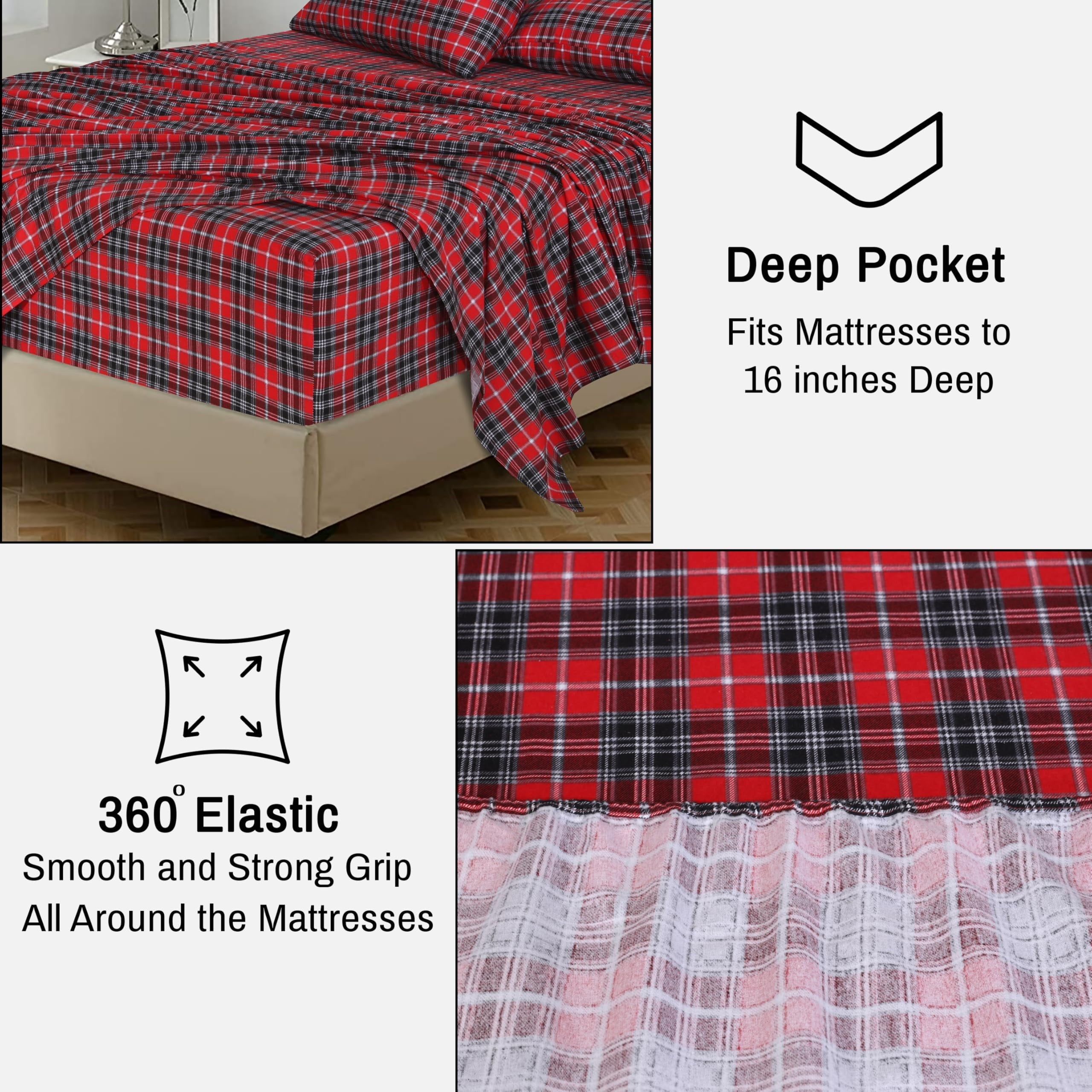 Breathable Luxury Flannel Sheets Queen Size - 100% Cotton Double Brushed Bed Sheets, Deep Pockets 16 Inches Queen Sheet Set, All Season... - Luxury Bed Sheet Set with Deep Pockets Detail
