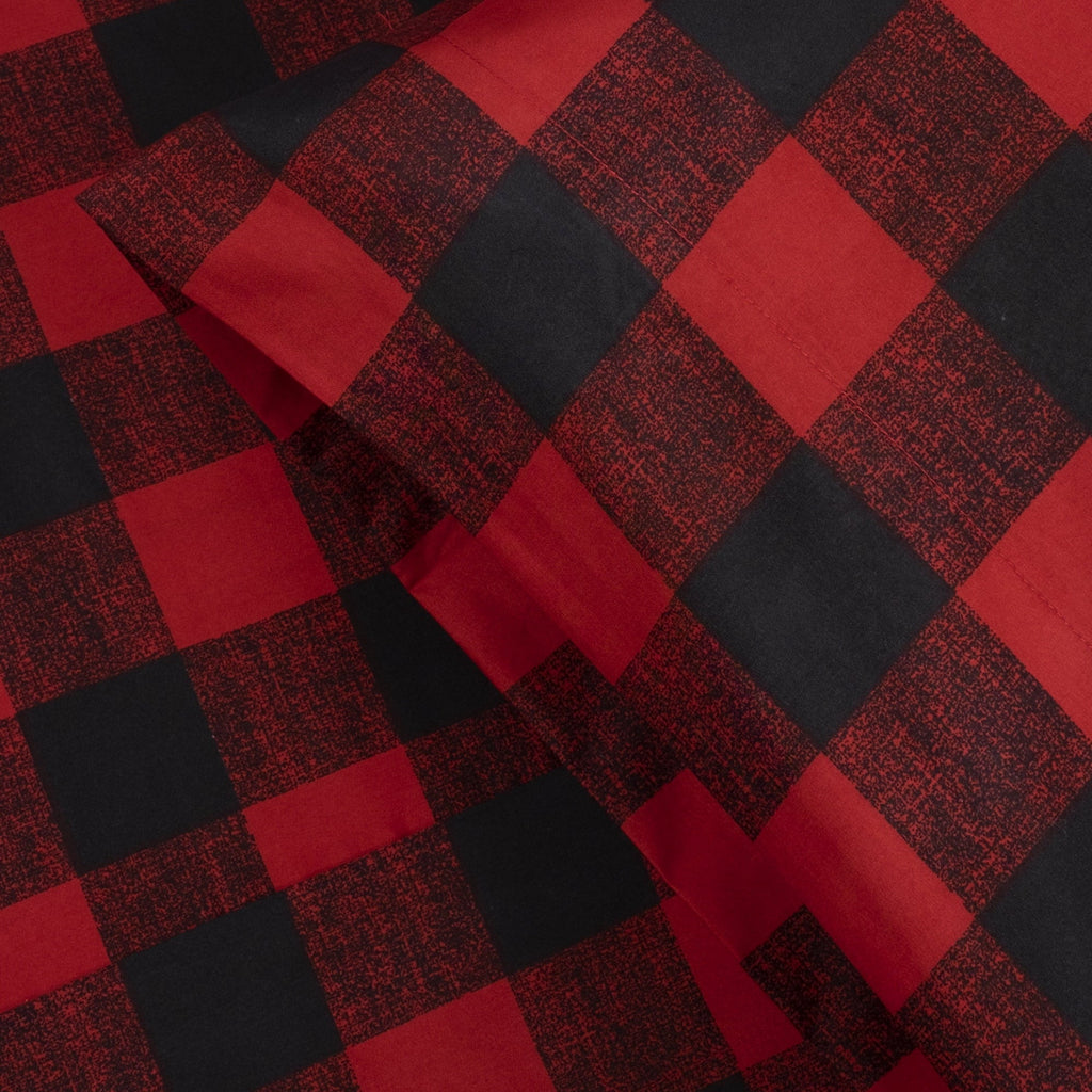 Cooling Sateen Buffalo Plaid Black and Red 4 Piece Bed Sheet Set - Twin - Breathable Egyptian Cotton Flat & Fitted Sheets Detail