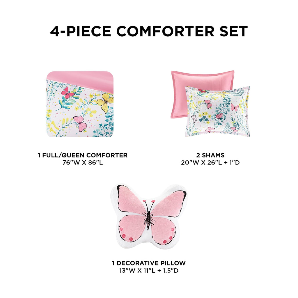 Heavyweight Warmth Full/Queen Size Comforter Sets, 4-Piece Kids Bedding Set for Girls, Butterfly Floral Comforter Bed Set, White/Pink - Hypoallergenic Ultra-Fluffy Quilt for Winter Detail