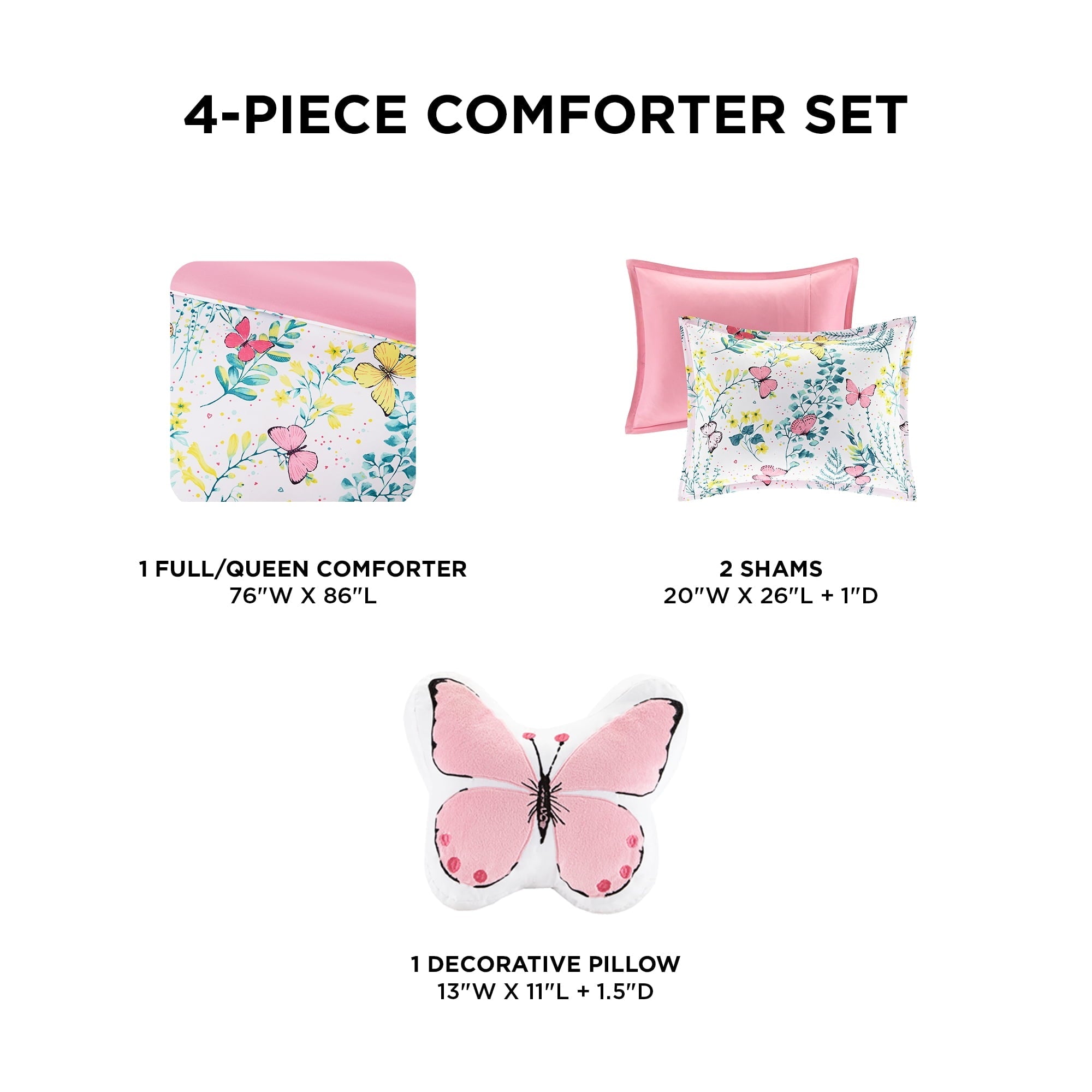 Heavyweight Warmth Full/Queen Size Comforter Sets, 4-Piece Kids Bedding Set for Girls, Butterfly Floral Comforter Bed Set, White/Pink - Hypoallergenic Ultra-Fluffy Quilt for Winter Detail