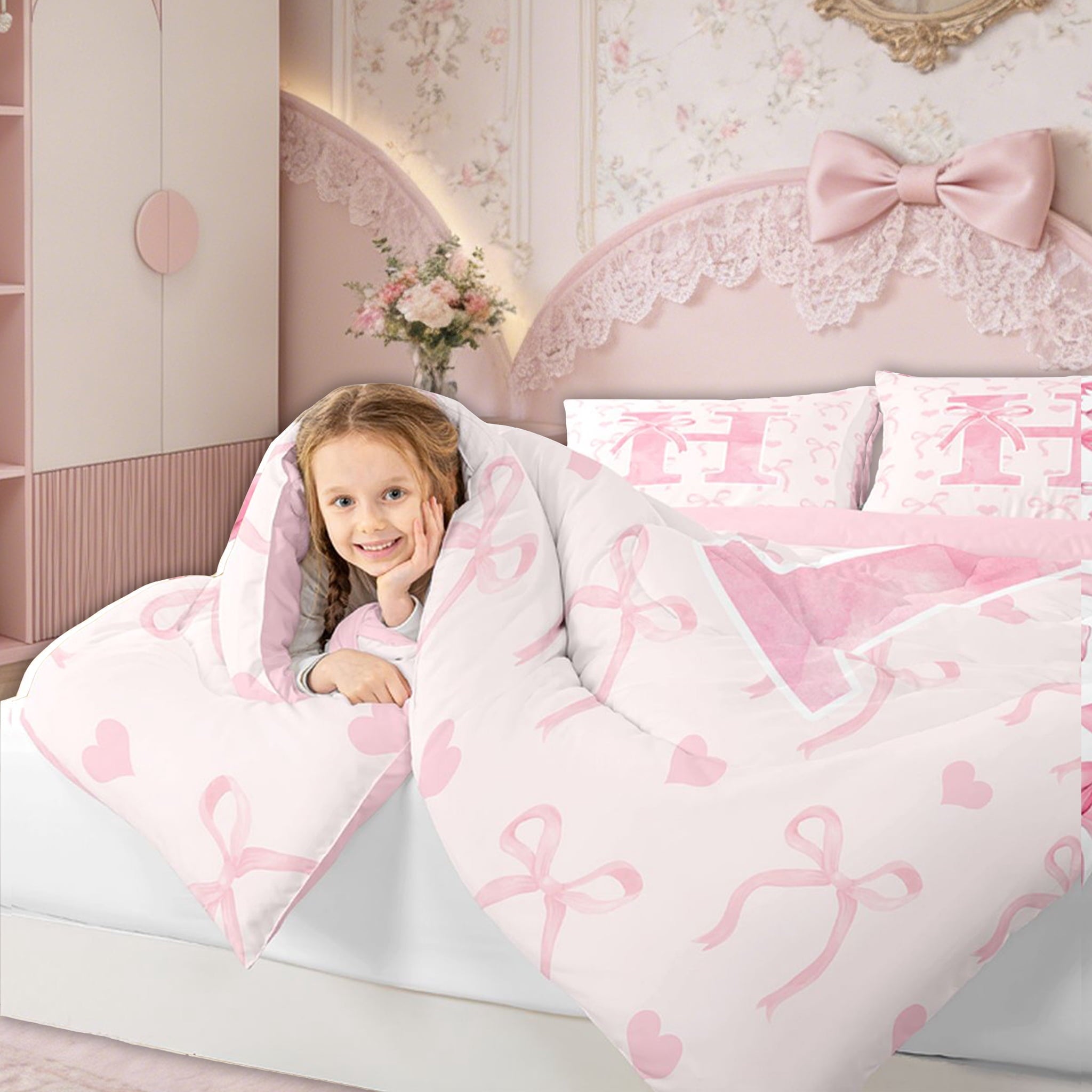 Luxurious Quilted Kawaii Bowknot Bedding Sets Full with Comforter, Initial H Duvet Insert, Romantic Initial A-Z Decor, Reversible - Cloud-Like Soft Lightweight Bed Comforter Detail