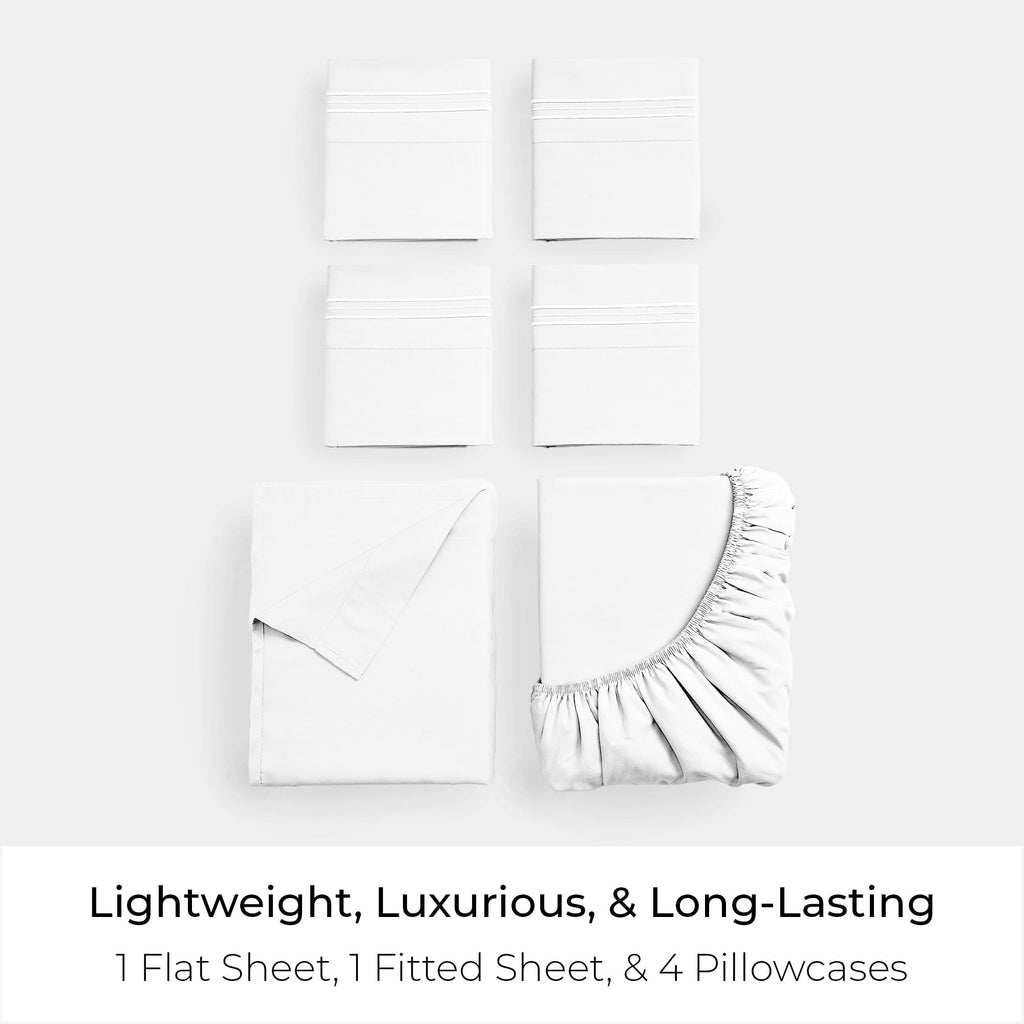 Breathable Luxury Iconic 6 Piece Bed Sheet Set Brushed Microfiber, Deep Pocket, Queen, White - Cooling Hotel Quality Bedding Sheets and Pillowcases Detail