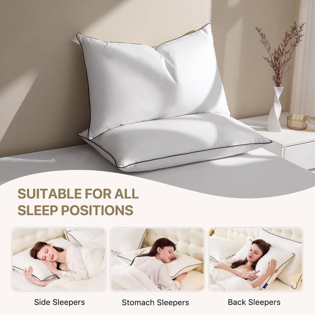 Hotel Collection Feather Down Pillows Set of 2, Medium Firm Hotel Bed Pillow 2 Pack, Queen Size, 20 x 30 in. - Decorative Throw Pillow Cushion for Sofa & Bed Detail