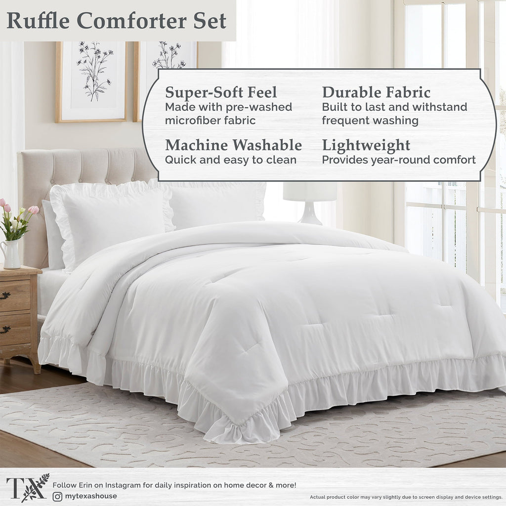 Heavyweight Warmth Full/Queen Comforter Set, All-Season, 3-Piece, White Ruffle - Cloud-Like Soft Lightweight Bed Comforter Detail