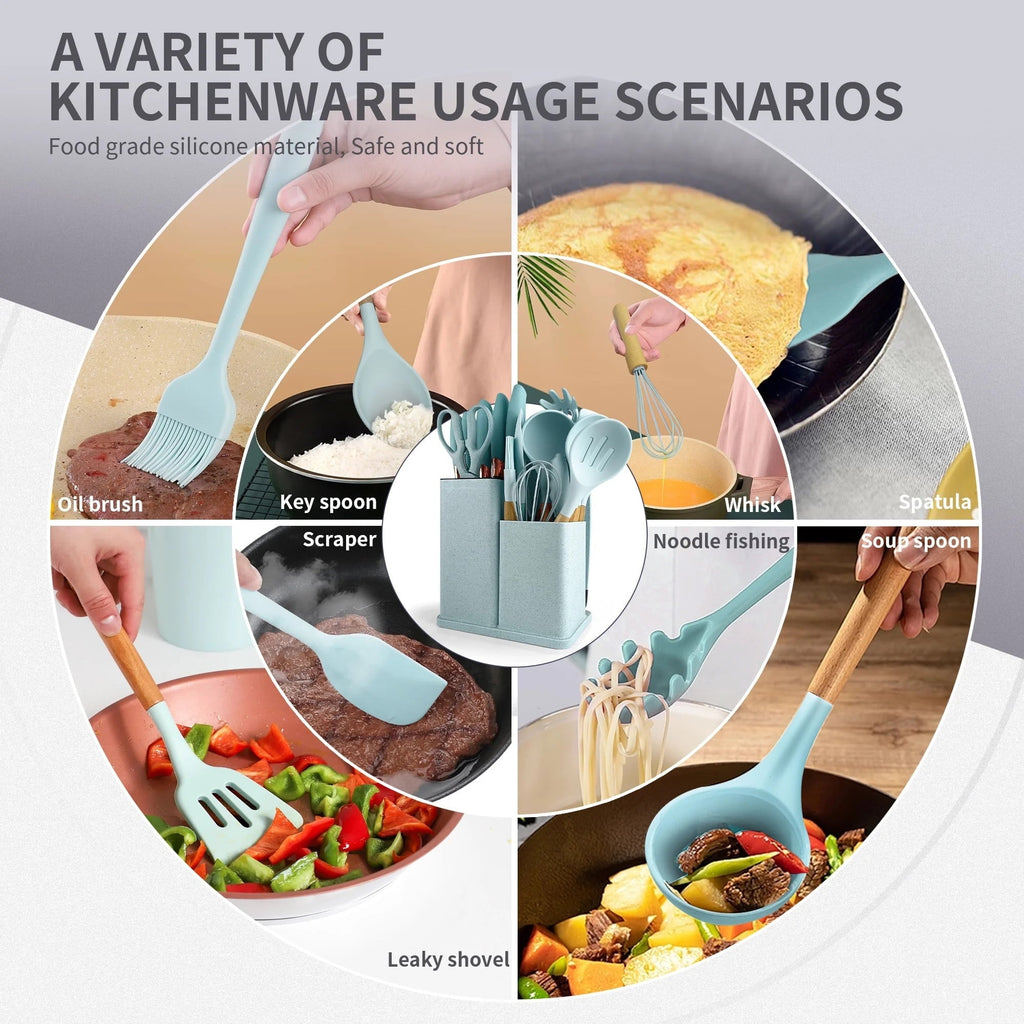 Professional Grade Silicone Kitchen Cooking Utensils Set, 19 Pieces Utensil with Holder, Heat Resistant, Green - Multi-Purpose Hand Tool for Daily Meal Prep Detail
