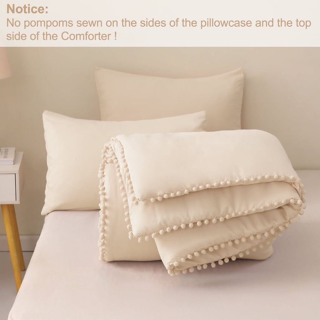 All-Season Boho Pom Pom Ball Fringe King Size Comforter Set, 3 Pieces Beige Lightweight Down Alternative Bedding Comforter Sets ... - Luxurious Quilted Duvet Cover Set Detail