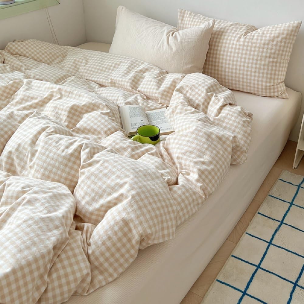 Fluffy Down Alternative Soft Beige White Plaid Comforter Twin Sets, 2 Pieces Breathable Plaid Buffalo Checkered Comforter for All Season - All-Season Down Alternative Comforter Insert Detail