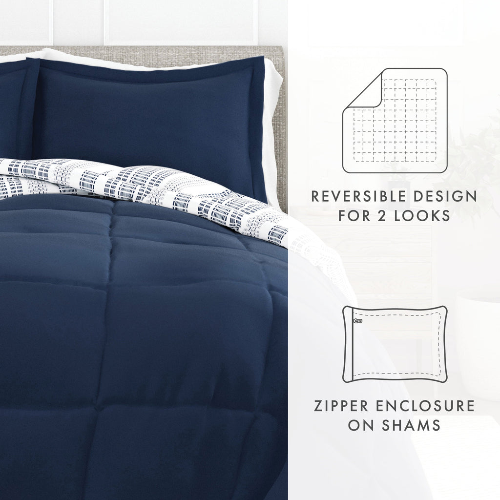 Hypoallergenic Cloud 2-Piece Navy Farmhouse Dreams ReversiblePrint Comforter Set, Twin/TwinXL - Cloud-Like Soft Lightweight Bed Comforter Detail