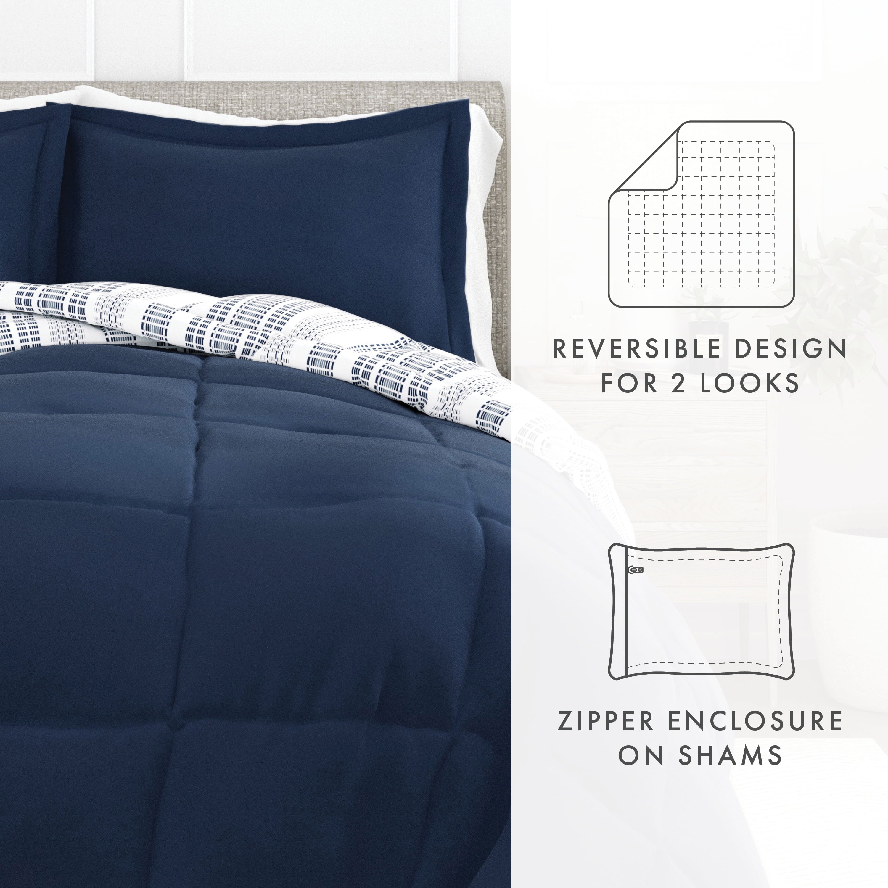 Hypoallergenic Cloud 2-Piece Navy Farmhouse Dreams ReversiblePrint Comforter Set, Twin/TwinXL - Cloud-Like Soft Lightweight Bed Comforter Detail