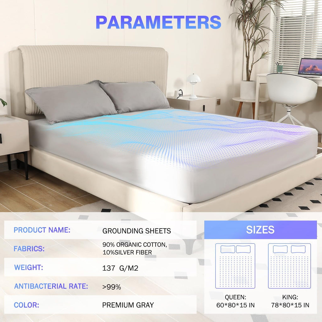 Cooling Sateen Grounding Sheets King Size,Earth Grounded Fitted Bed Sheet 10% Pure Silver Fiber + 90% Organic Cotton, Bed Grounding ... - Cooling Hotel Quality Bedding Sheets and Pillowcases Detail