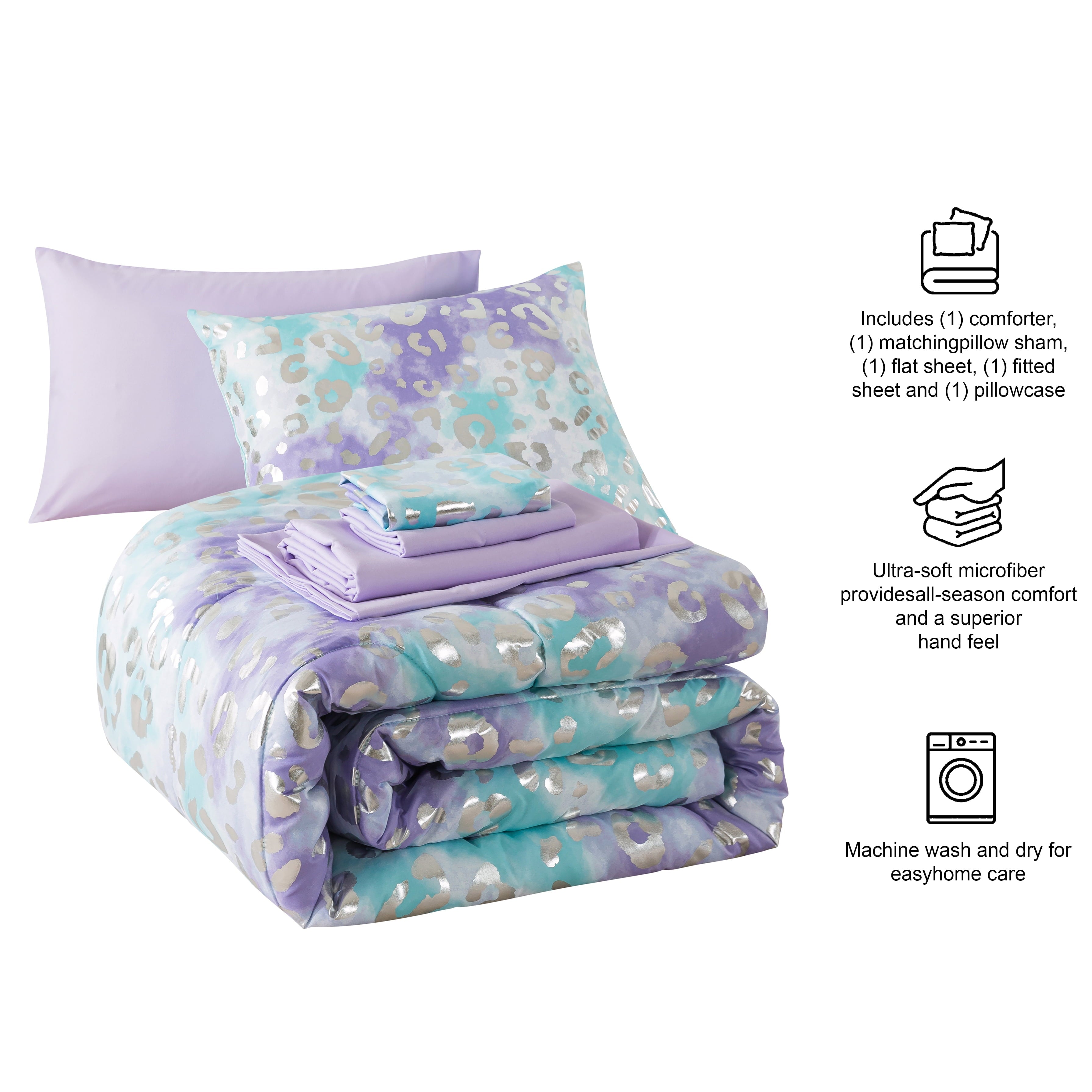 Hypoallergenic Cloud 5-Piece Purple Metallic Foil Cheetah Bedding Set for Kids with Storage Bag, Twin - Luxurious Quilted Duvet Cover Set Detail