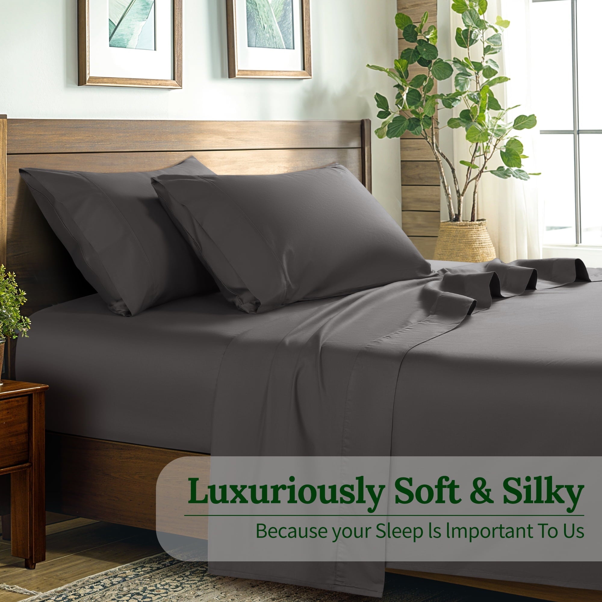 Ultra-Soft 100% Cotton Bed Sheets Set, 1000 Thread Count 4 Piece Luxury Soft Sheets Set with 16" Deep Pocket, Queen, Dark Gray - Premium Ultra-Soft Pillowcase Pair for Sleeping Detail