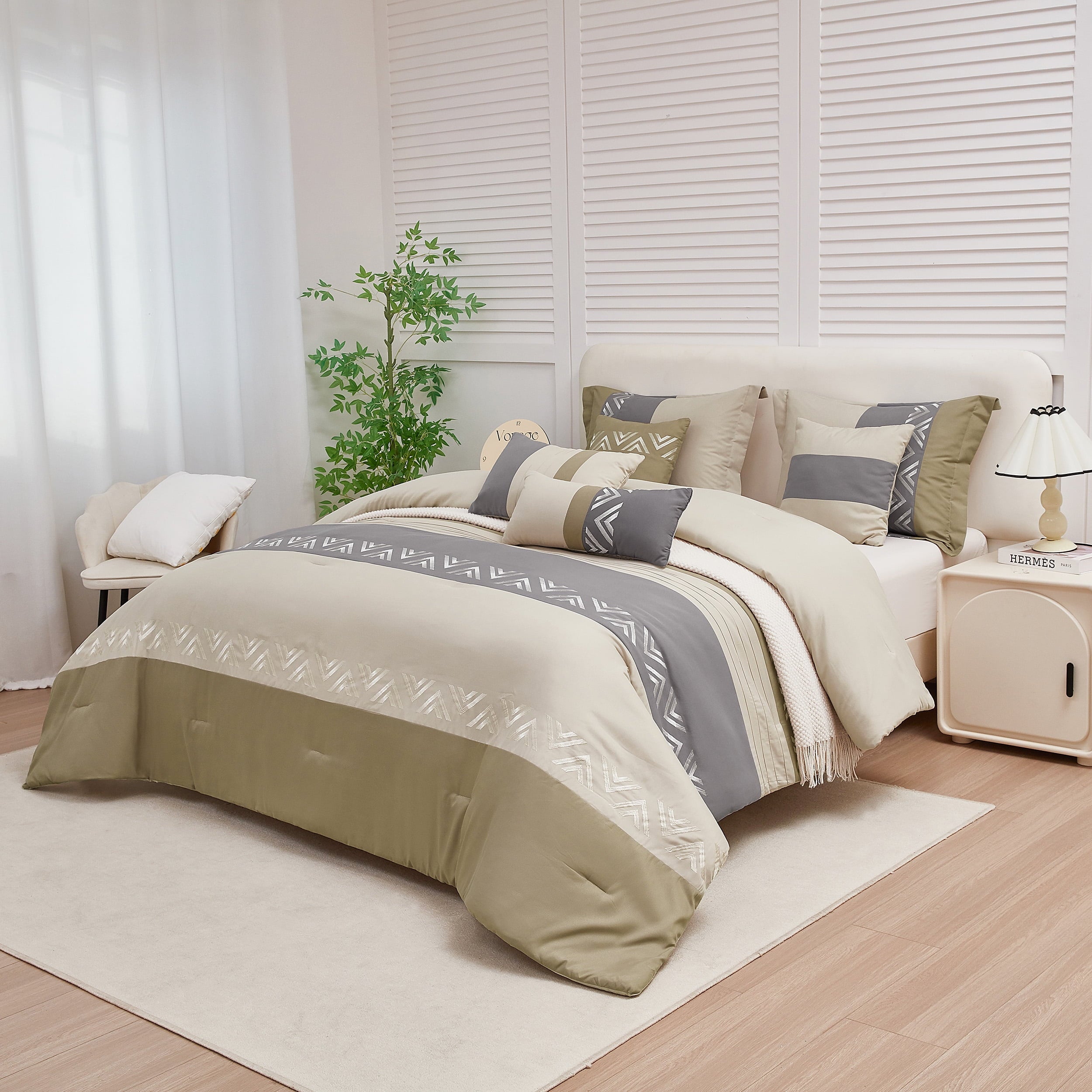 Fluffy Down Alternative 7 Piece Embroidery Design Bed-in-a-Bag, Taupe Queen Size Ultra Soft Comforter Set for Adults - All-Season Down Alternative Comforter Insert Detail