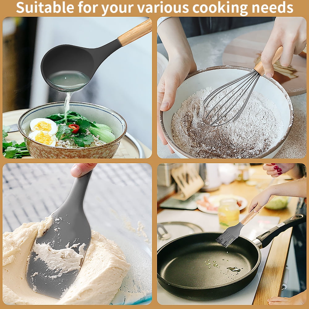 Non-Stick Safe Silicone Wooden Heat Resistant Kitchen Utensil Set, 12 pcs - Premium Stainless Steel Cooking Utensil for Non-Stick Pots Detail