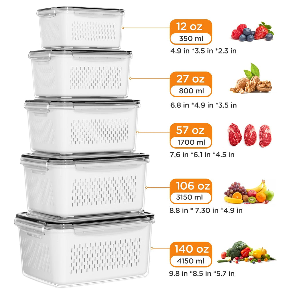 Deliciously Squishy 5 Pack Fruit Storage Containers for Fridge with Removable Colanders and Lids, 5 in 1 Leakproof Fridge Organizer Bins ... - Playful Star & Heart Shaped Geometric NeeDoh Detail