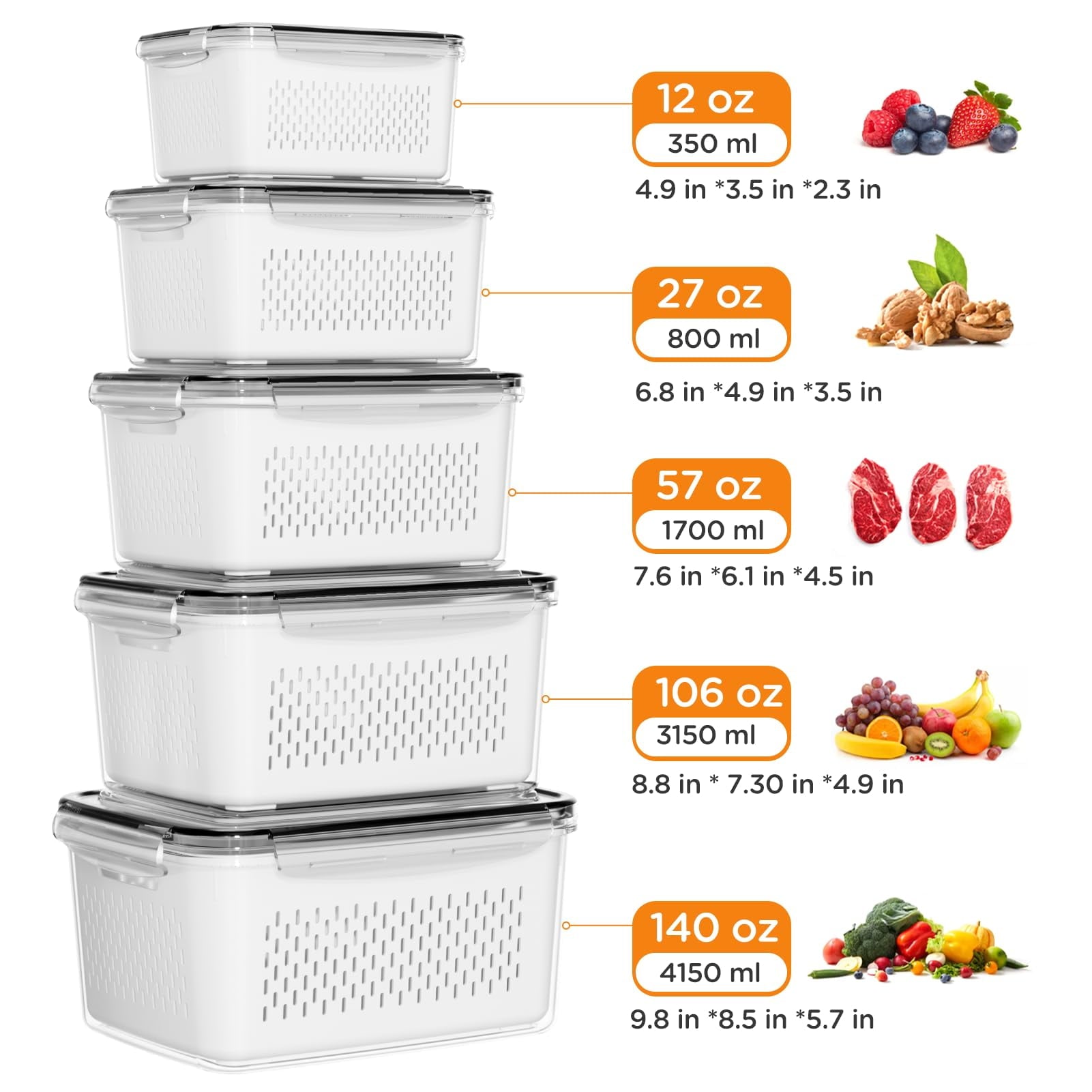 Deliciously Squishy 5 Pack Fruit Storage Containers for Fridge with Removable Colanders and Lids, 5 in 1 Leakproof Fridge Organizer Bins ... - Playful Star & Heart Shaped Geometric NeeDoh Detail