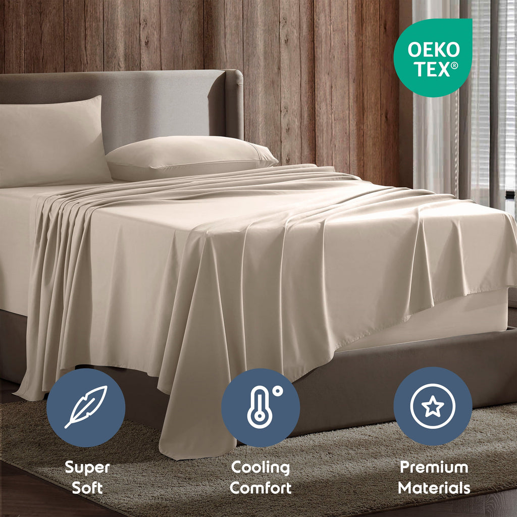 Ultra-Soft King Sheet Sets, 1800 Series Deep Pocket 4 Piece, Luxury Soft Microfiber Bed Sheet Sets, BEIGE CREAM - Premium Ultra-Soft Pillowcase Pair for Sleeping Detail
