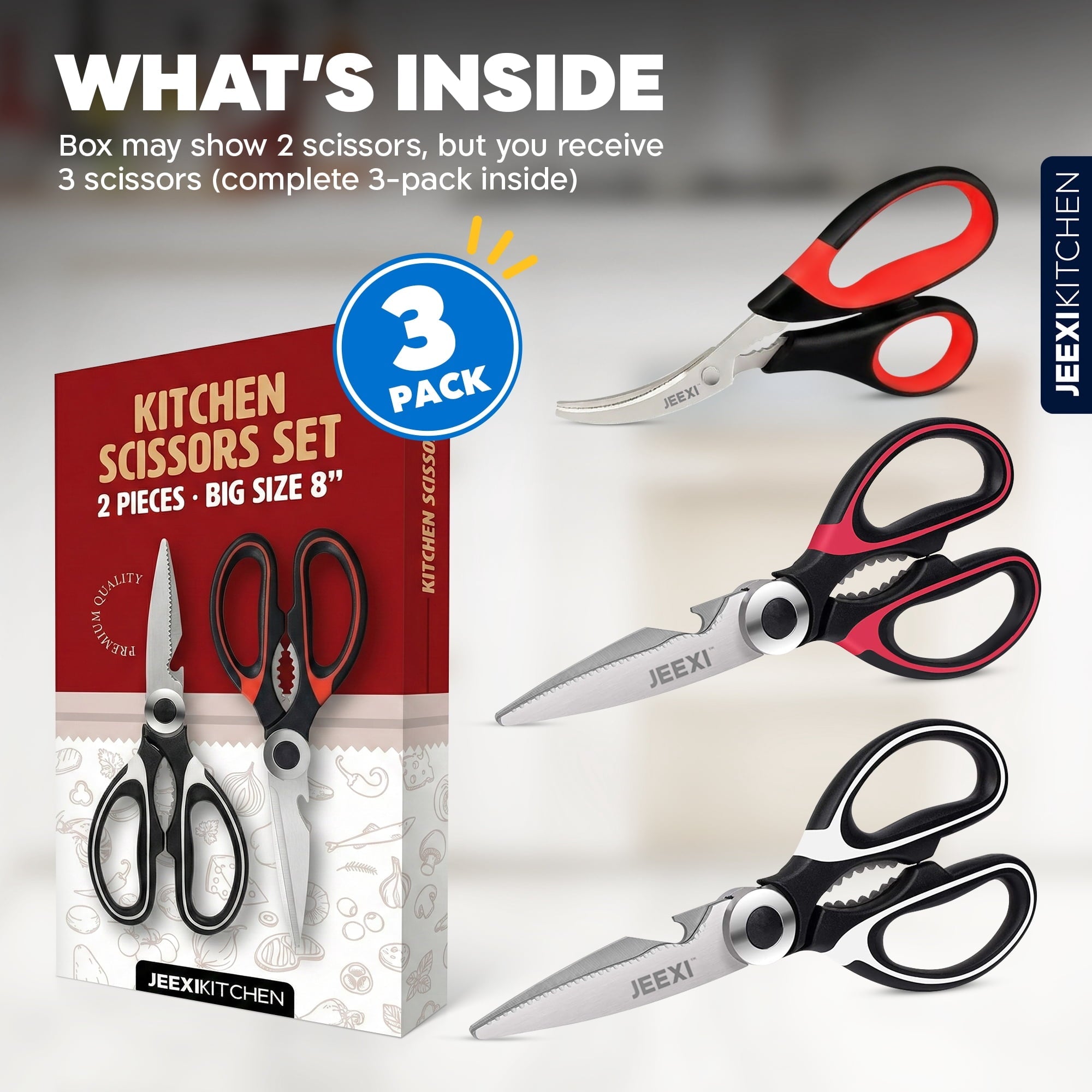 Ergonomic Manual 3 Pack Kitchen Scissors, Ultra-Sharp Premium Stainless Steel Heavy Duty Kitchen Shears & Multi Purpose Poultry Shears... - Multi-Functional Manual Food Chopper & Slicer Detail