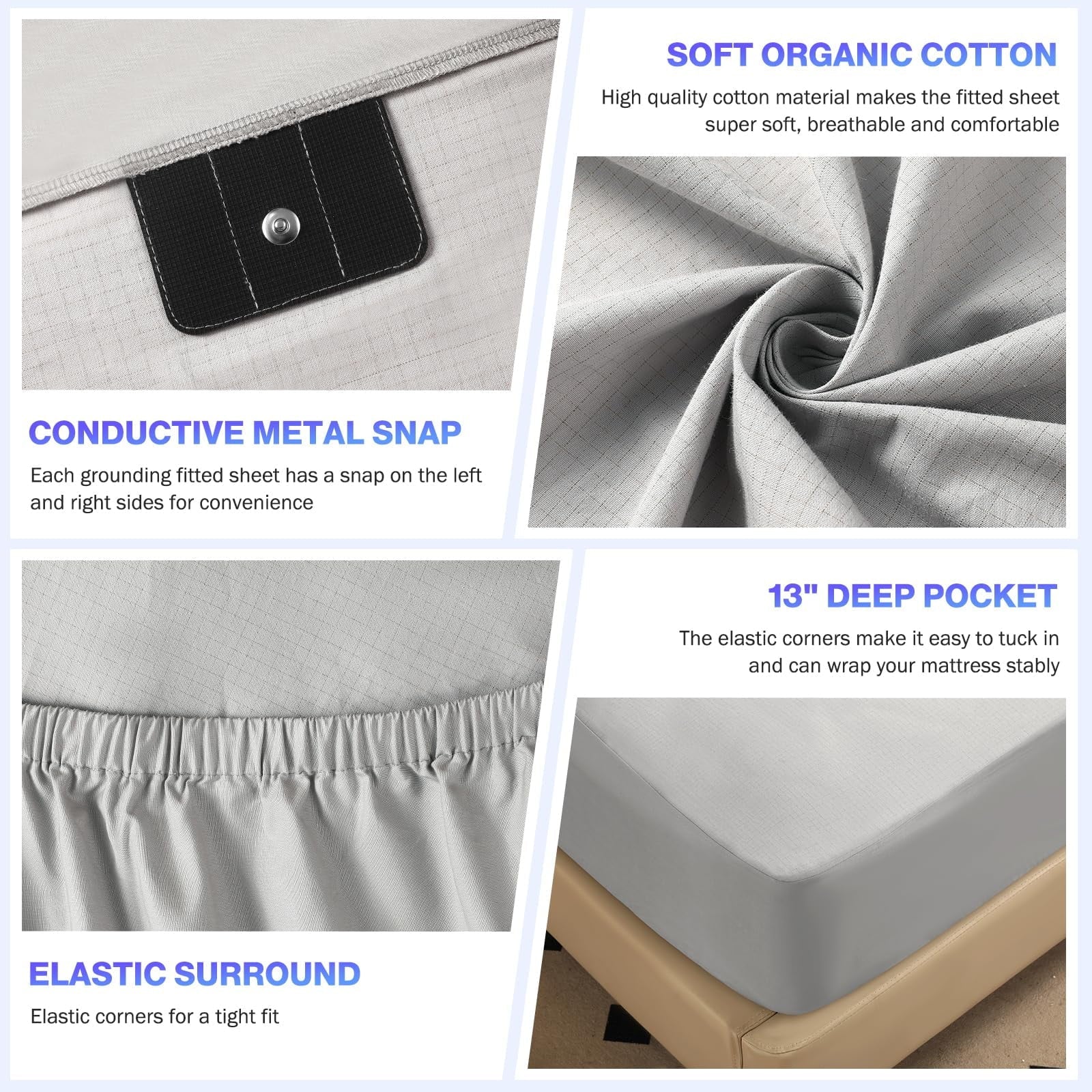 Cooling Sateen Grounding Sheets King Size,Earth Grounded Fitted Bed Sheet 10% Pure Silver Fiber + 90% Organic Cotton, Bed Grounding ... - Cooling Hotel Quality Bedding Sheets and Pillowcases Detail