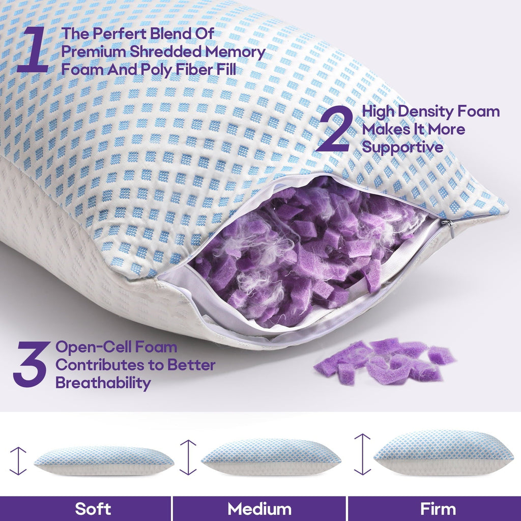 Decorative Plump Cooling Pillows for Bed Sleeping Shredded Memory Foam Pillows Queen Size Set of 2 Pack 20 x 30 inches - Decorative Throw Pillow Cushion for Sofa & Bed Detail