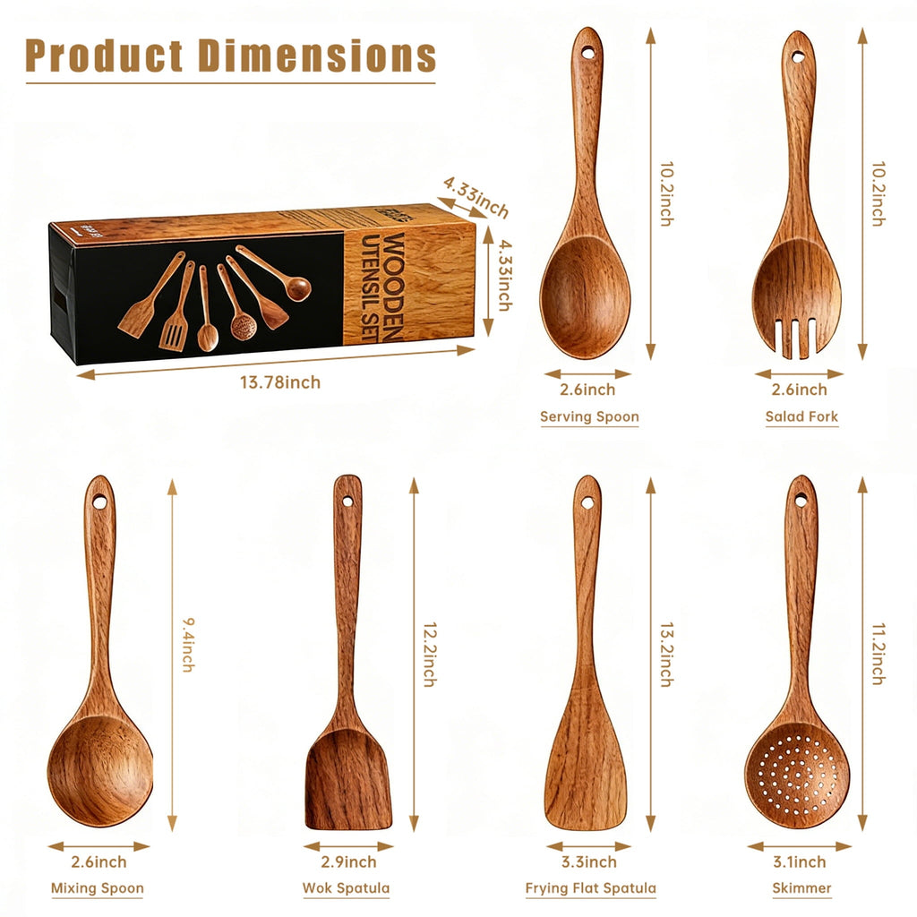 Heat-Resistant Wooden Spoons for Cooking, 6 PCS Teak Wood Cooking Utensil Set, Wooden Kitchen Utensils for Nonstick Pans & Cookware,... - Premium Stainless Steel Cooking Utensil for Non-Stick Pots Detail
