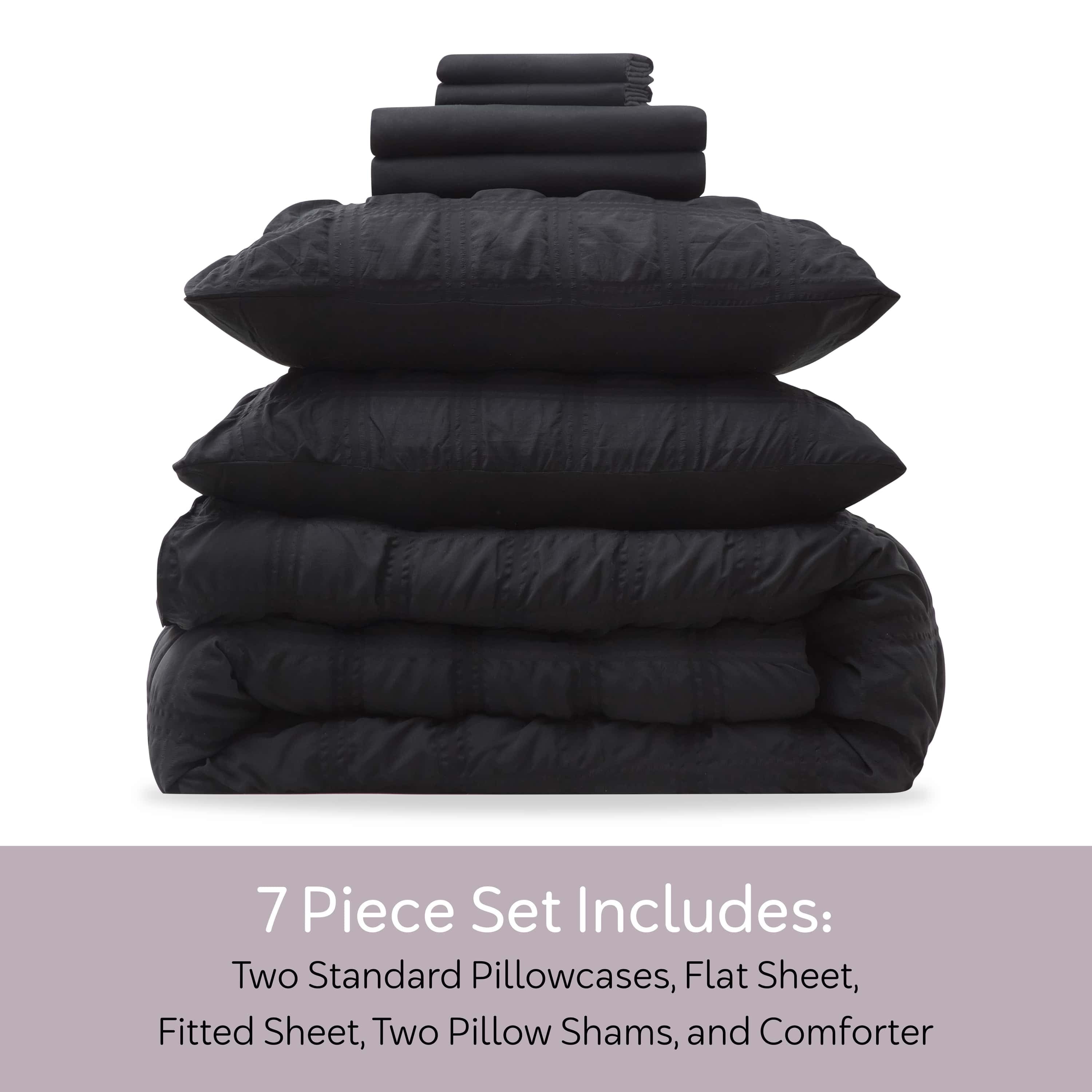 All-Season Queen Comforter Set, Seersucker Queen Size Comforter Set, 7-Pc All Season Bedding Comforter Set, Black - All-Season Down Alternative Comforter Insert Detail