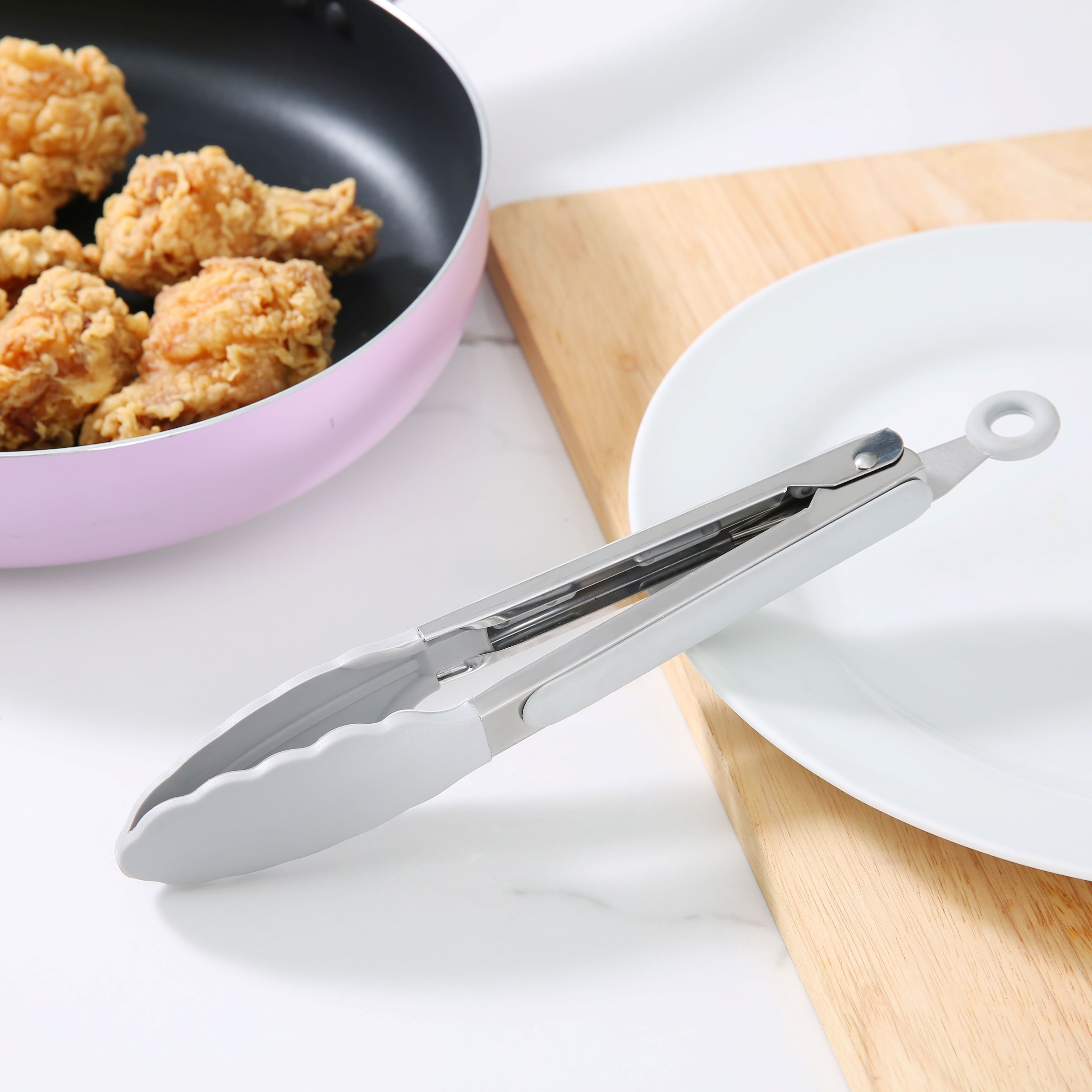 Durable Steel 9" Stainless Steel and Silicone Locking Tongs, Soft Grip Handle, Grey Flannel - Multi-Purpose Hand Tool for Daily Meal Prep Detail